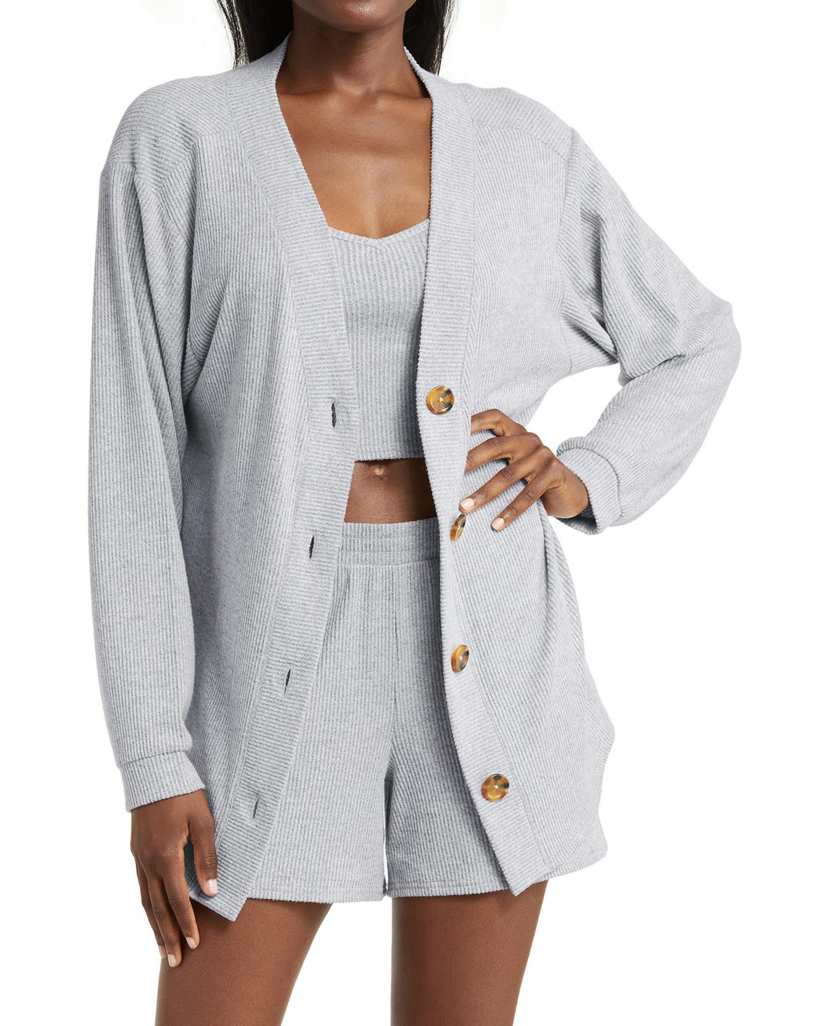 Light Grey 3 Pieces Rib Crop Camisole Matching Shorts Lounge Set with Cardigan - S 4