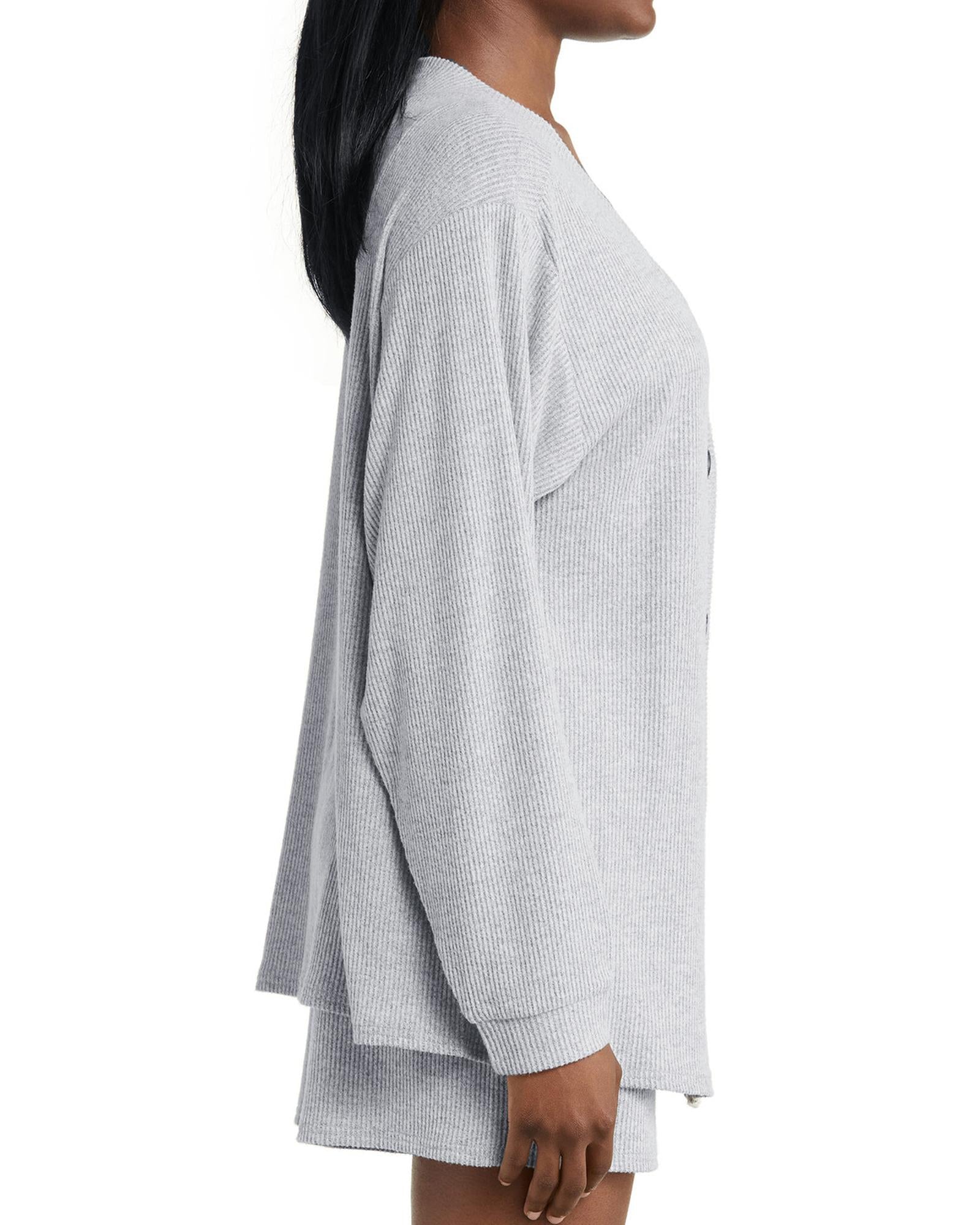 Light Grey 3 Pieces Rib Crop Camisole Matching Shorts Lounge Set with Cardigan - S 5