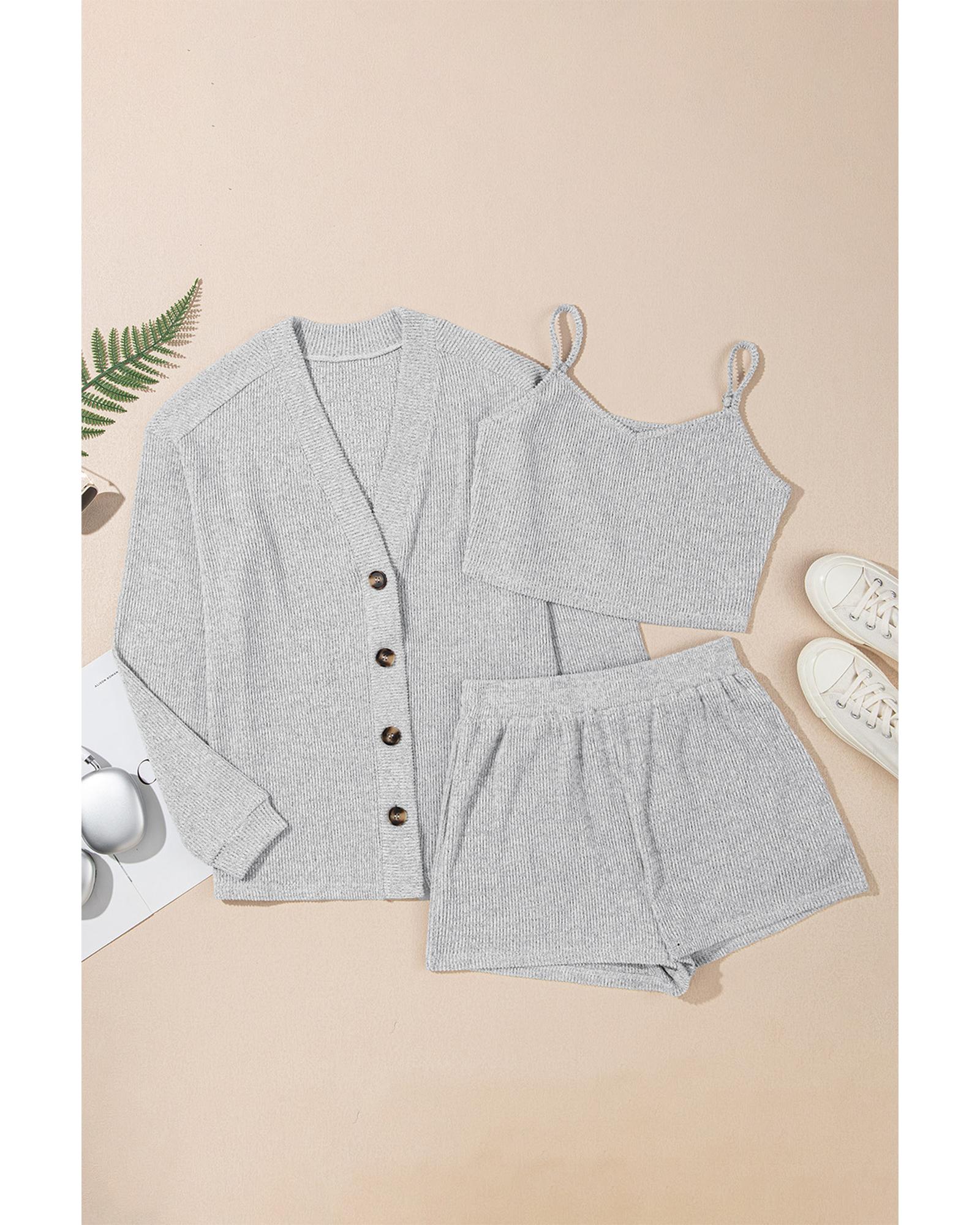 Light Grey 3 Pieces Rib Crop Camisole Matching Shorts Lounge Set with Cardigan - S 7
