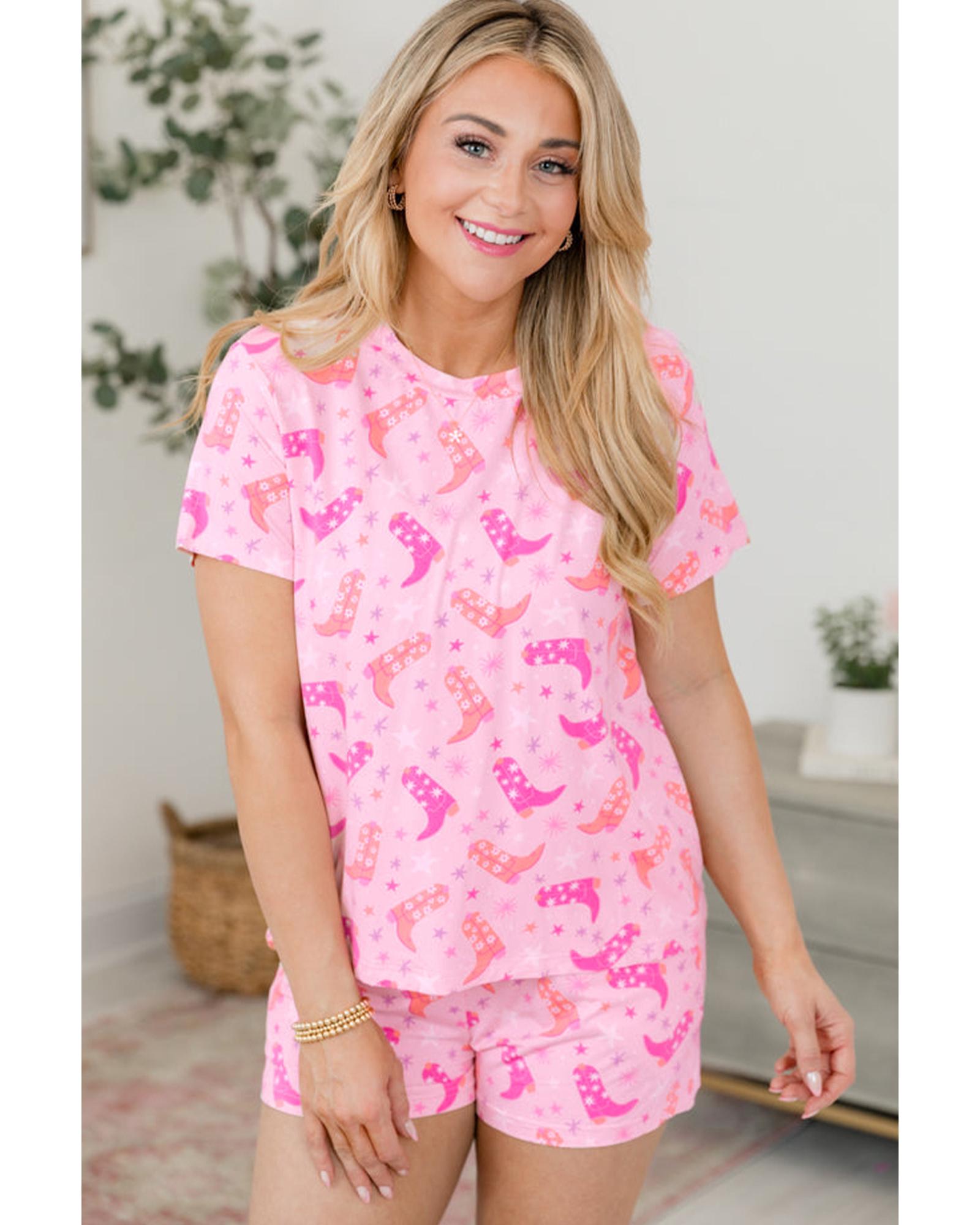 Pink Western Boots Printed Short 2pcs Lounge Set - L 4
