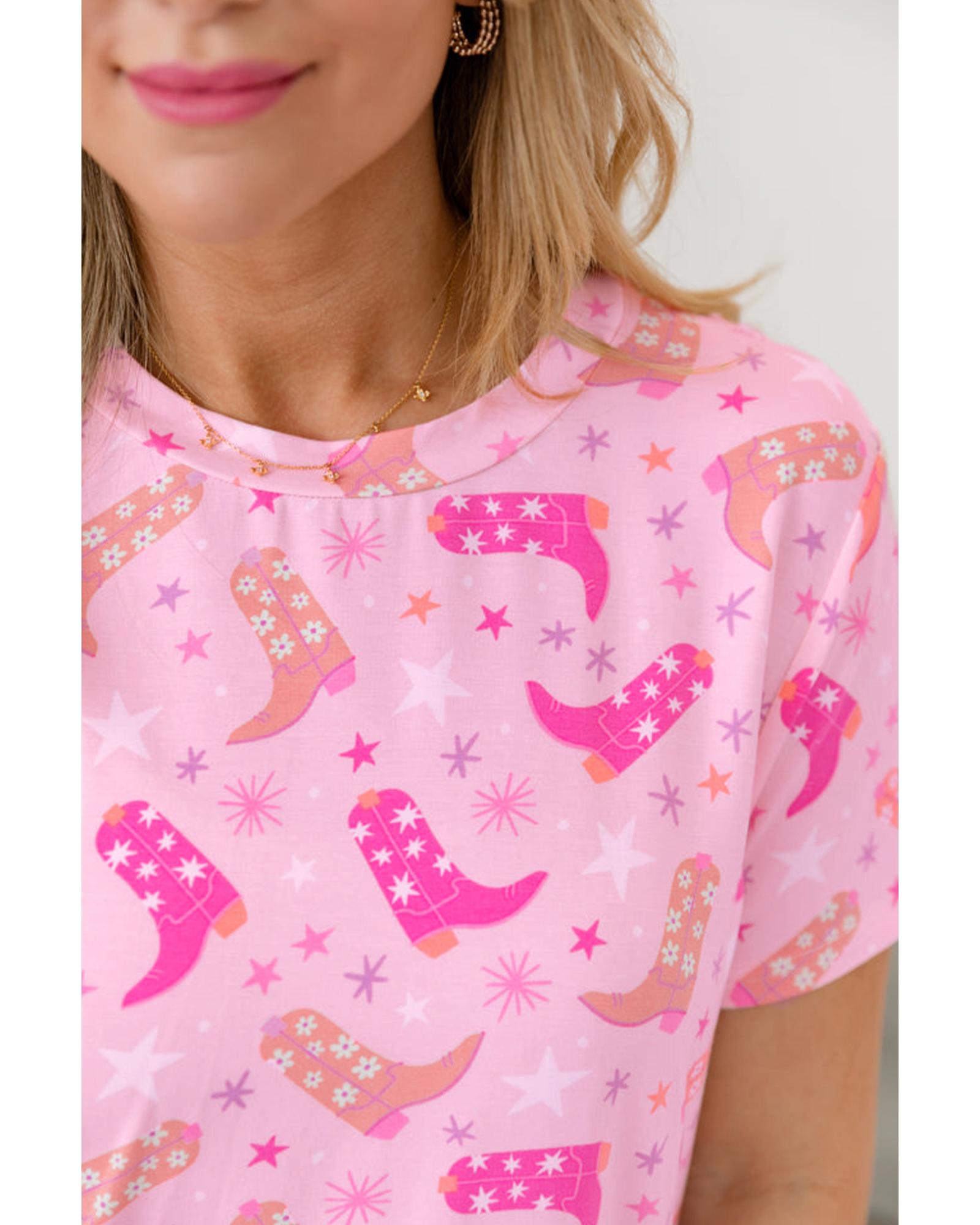 Pink Western Boots Printed Short 2pcs Lounge Set - L 6