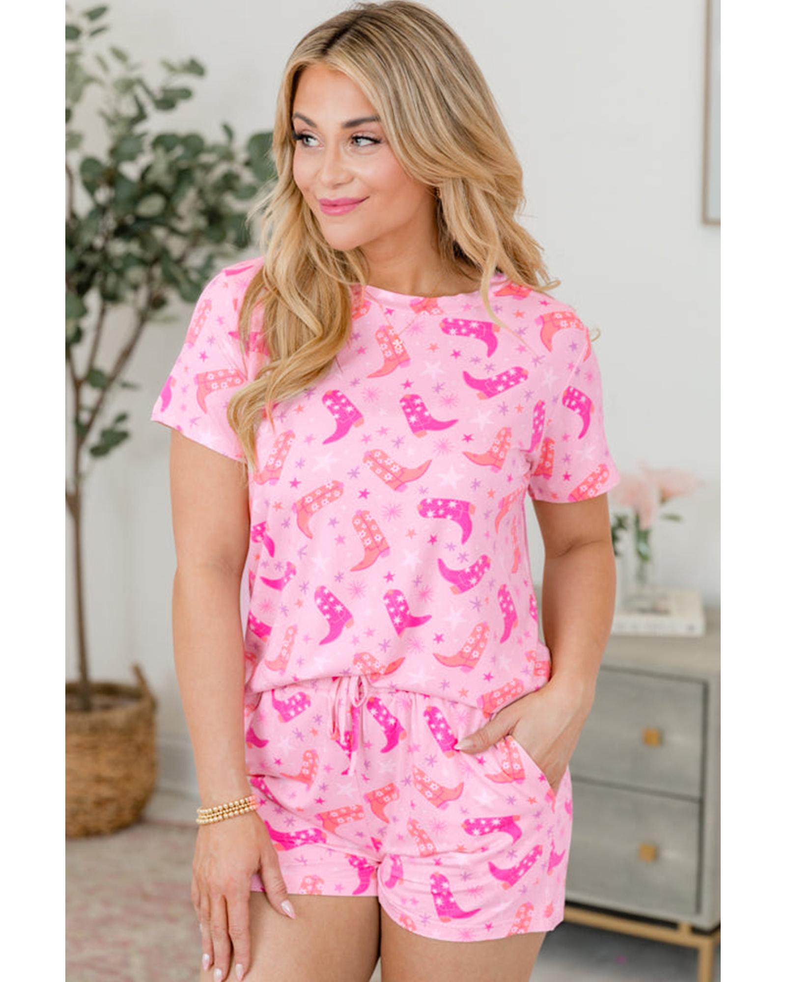 Pink Western Boots Printed Short 2pcs Lounge Set - M 7