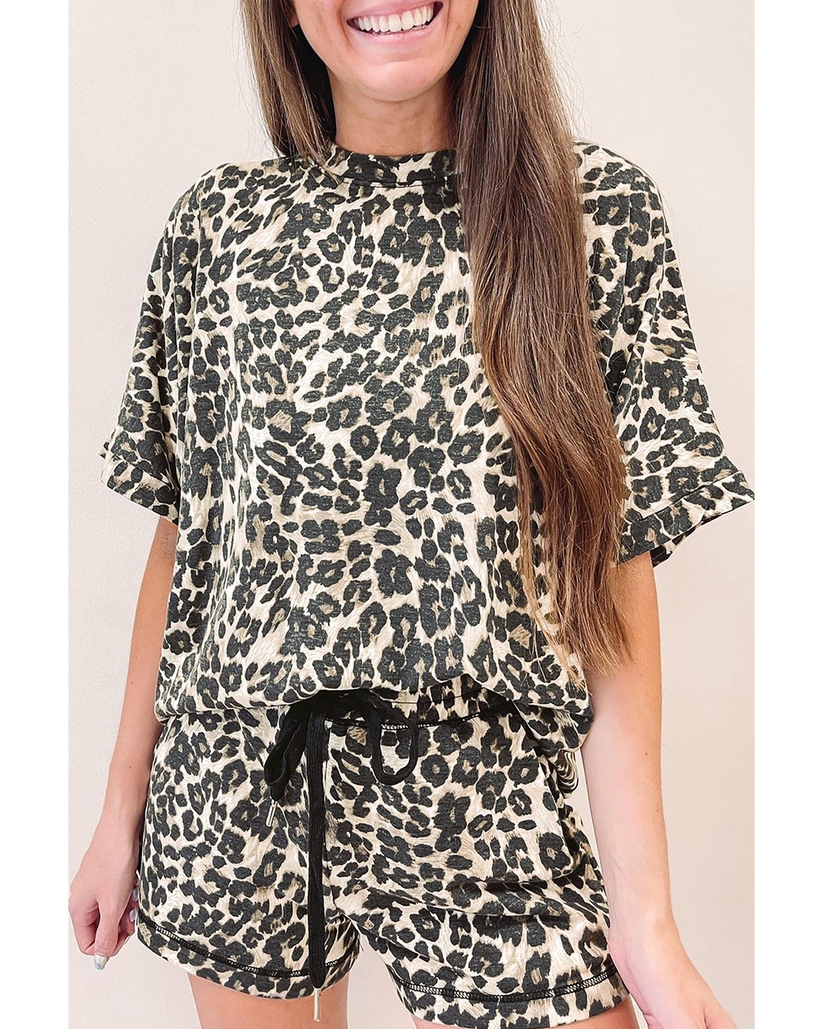 Black Cheetah Printed Casual Tee and Shorts Lounge Set - S