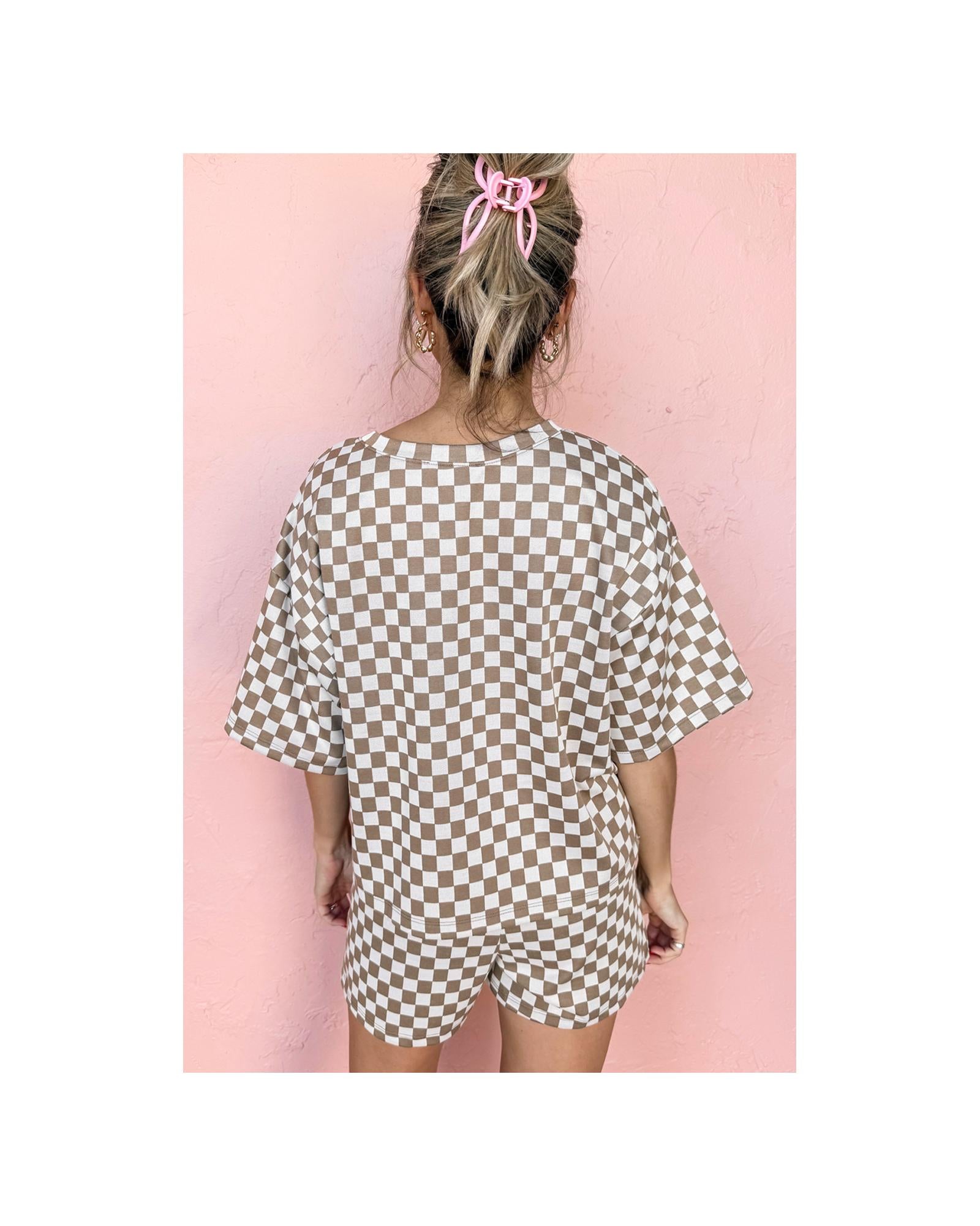 Brown Checkered Top and Short Casual 2pcs Set - L 3