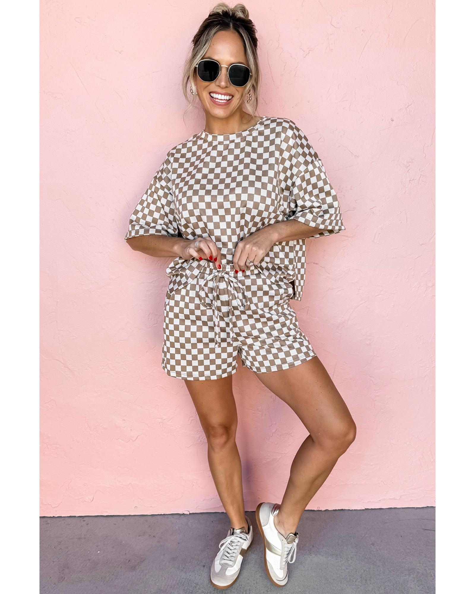 Brown Checkered Top and Short Casual 2pcs Set - M