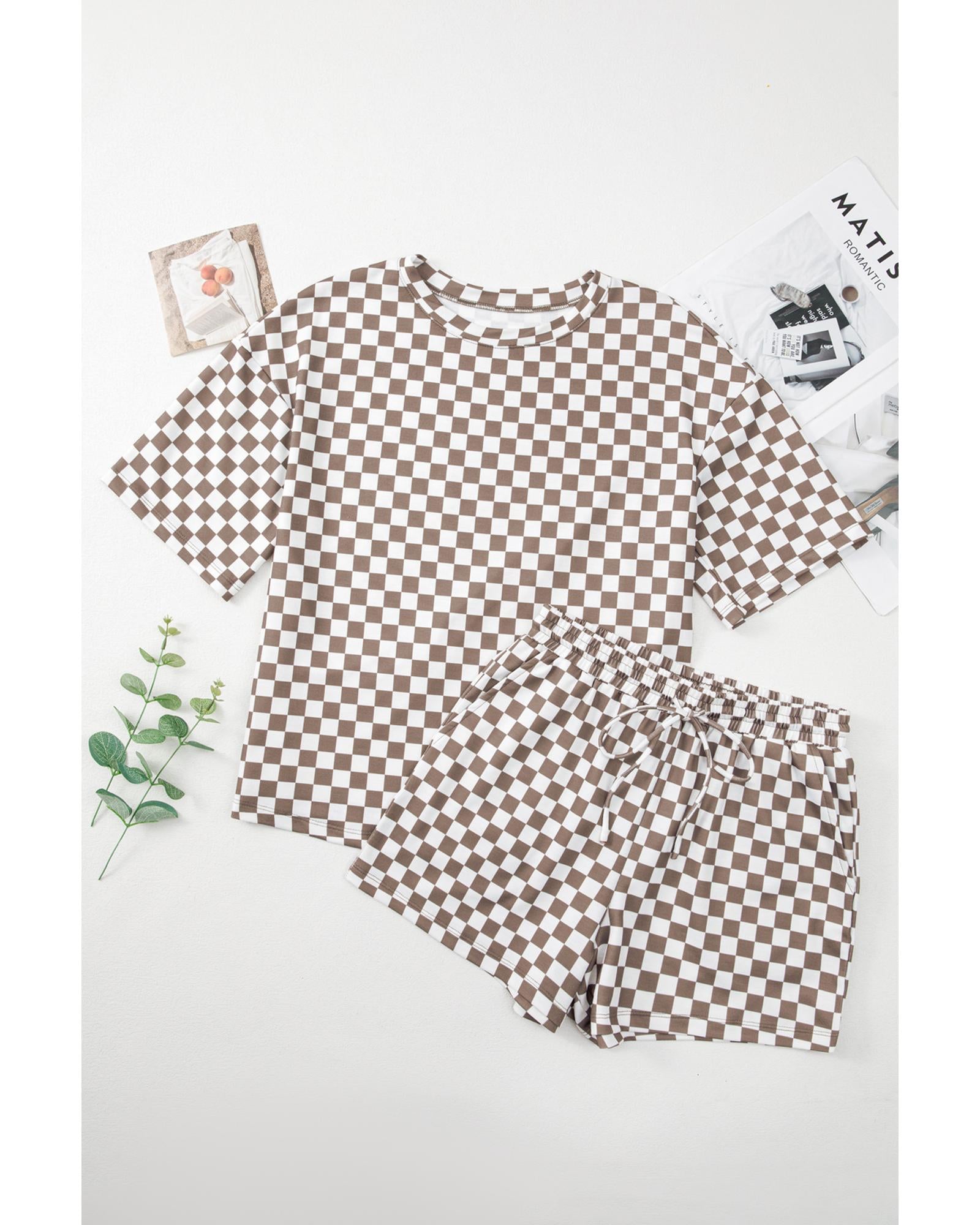 Brown Checkered Top and Short Casual 2pcs Set - M 6