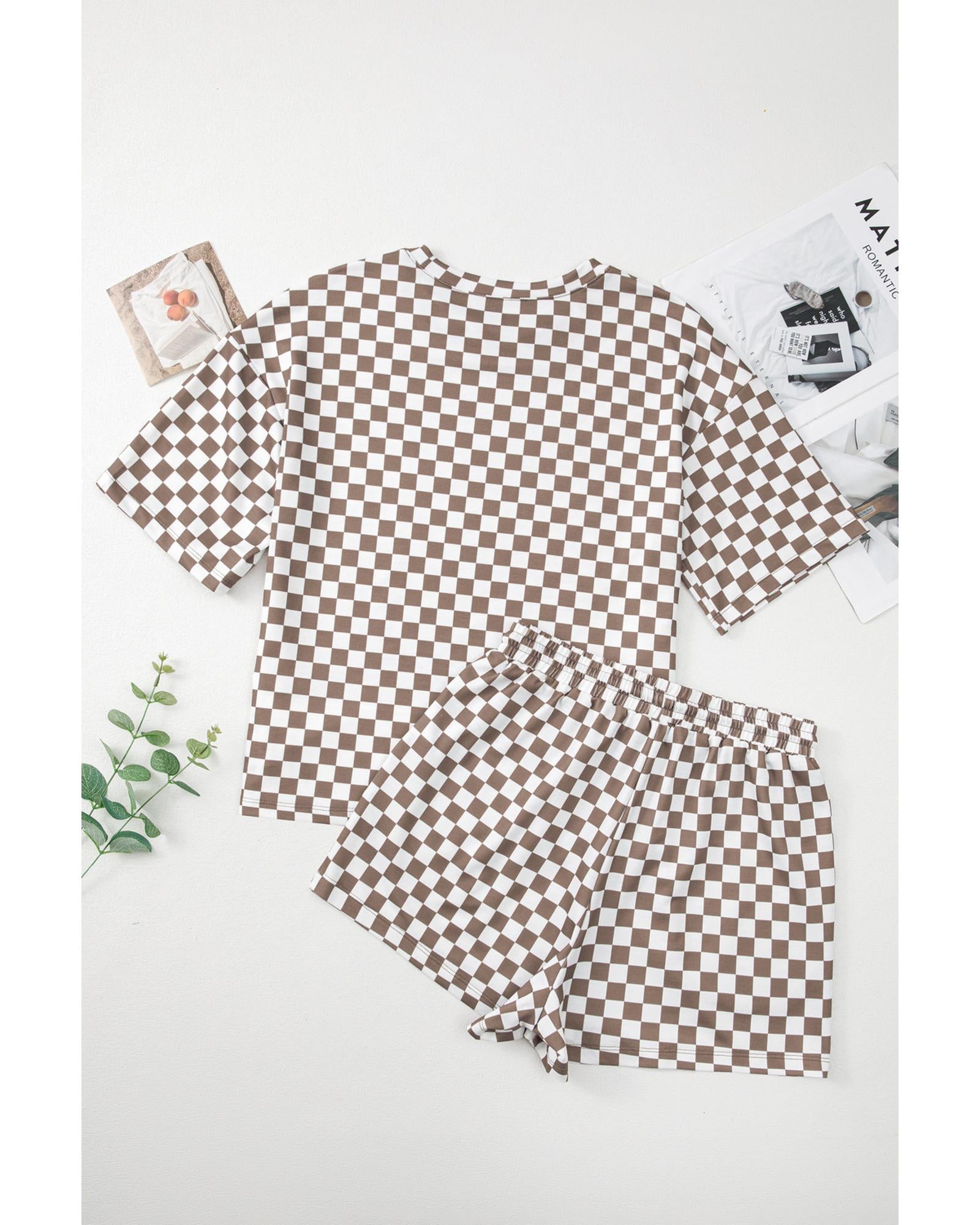 Brown Checkered Top and Short Casual 2pcs Set - M 8