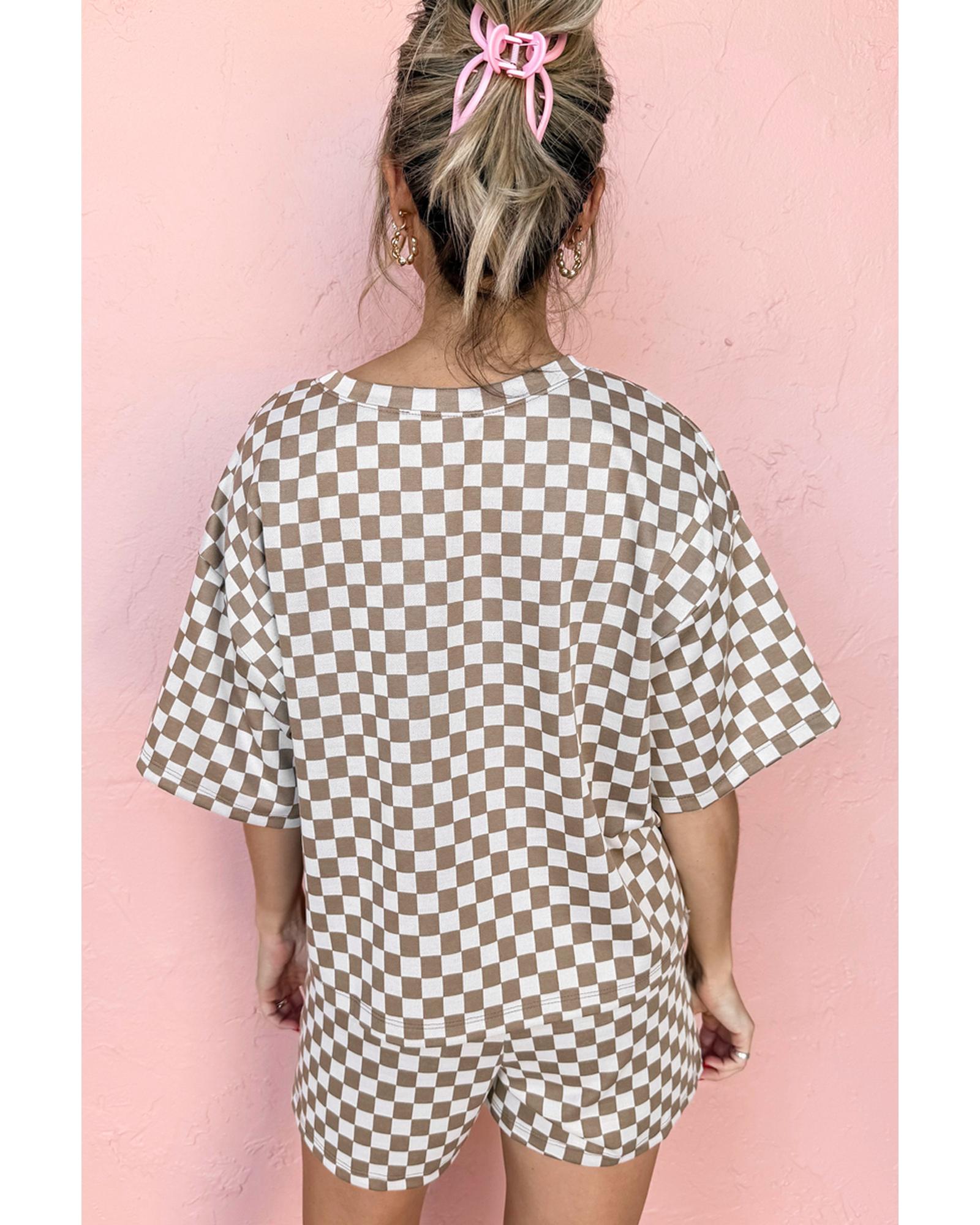 Brown Checkered Top and Short Casual 2pcs Set - S