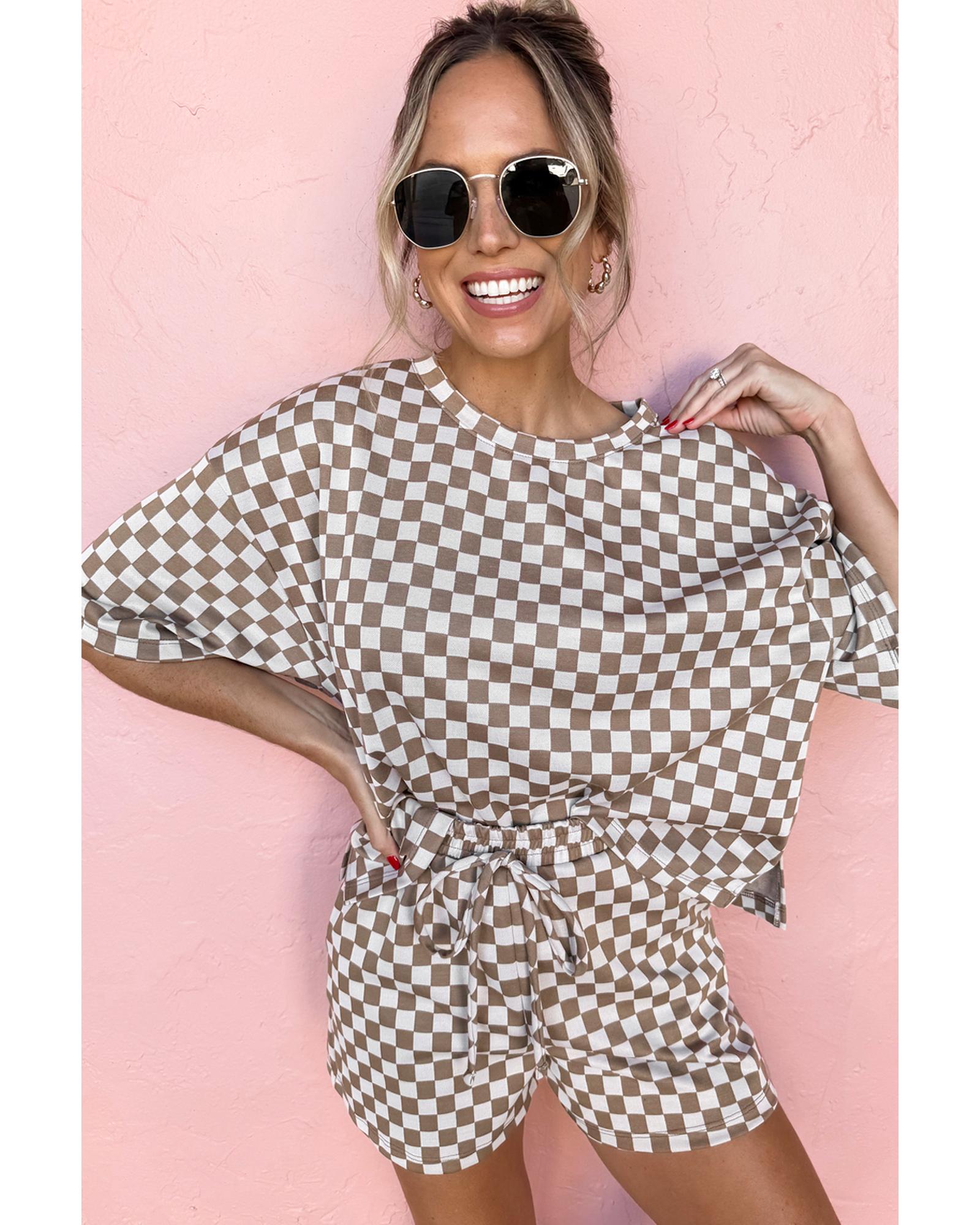 Brown Checkered Top and Short Casual 2pcs Set - S 4