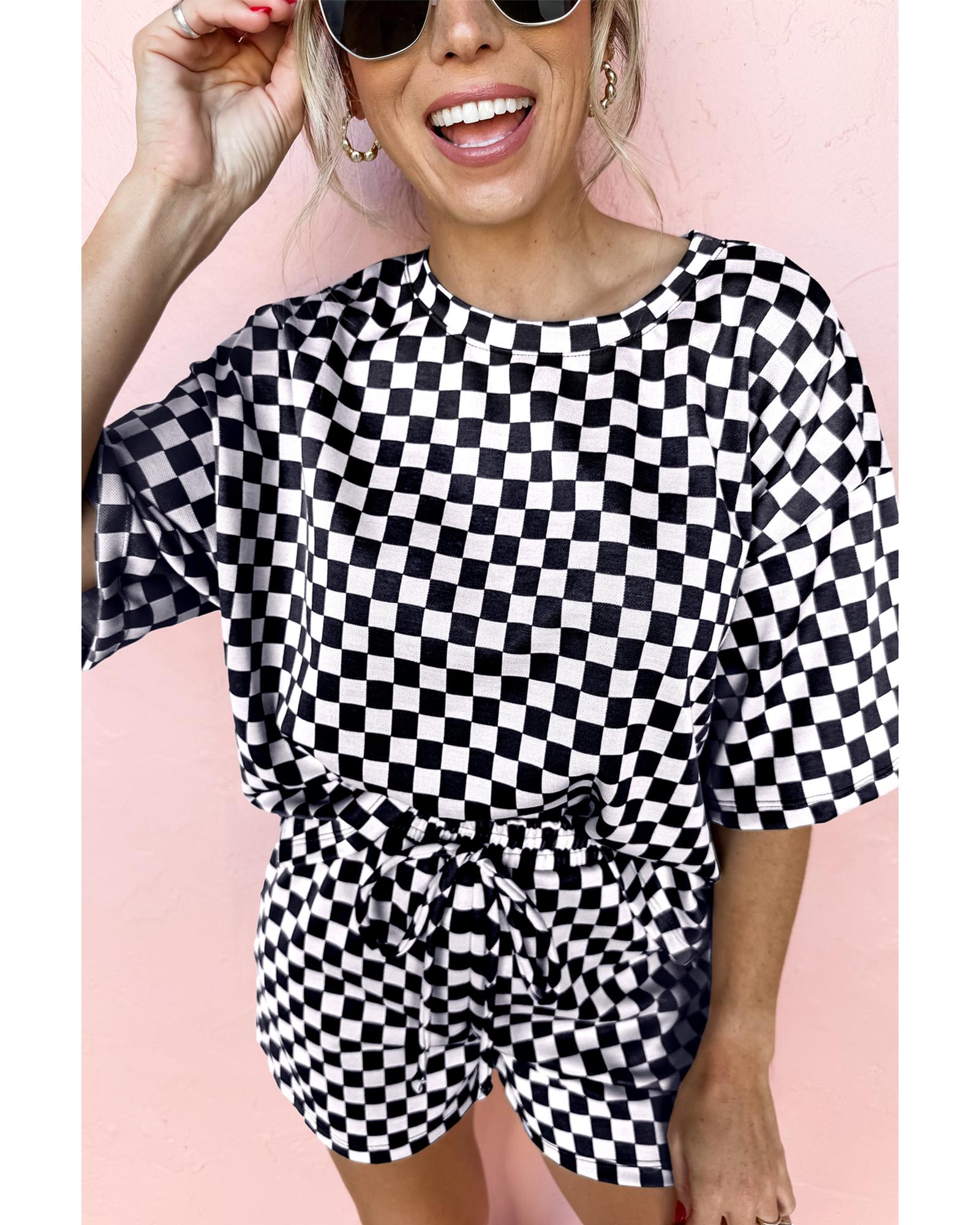 Black Checkered Top and Short Casual 2pcs Set - L 4