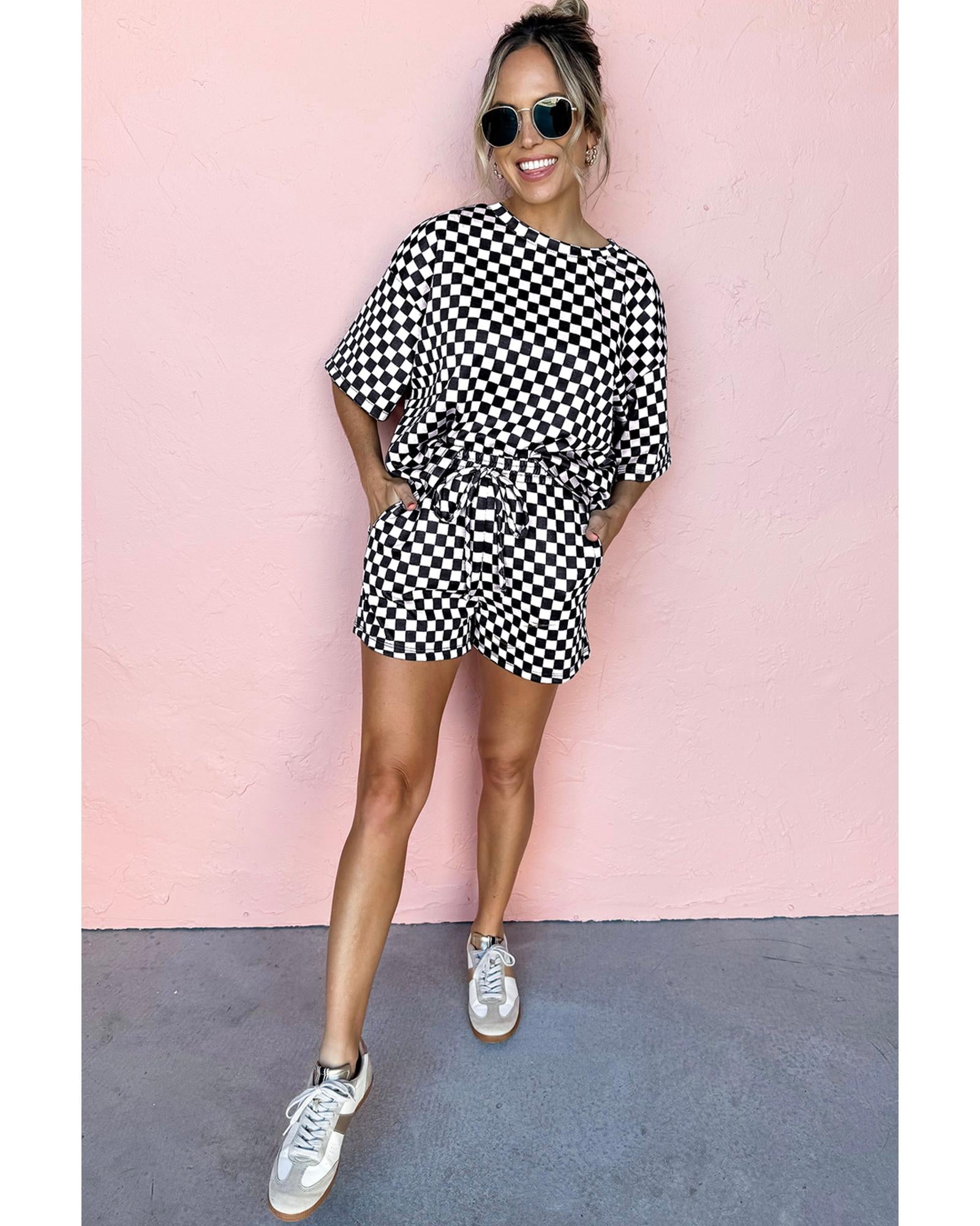 Black Checkered Top and Short Casual 2pcs Set - L 5