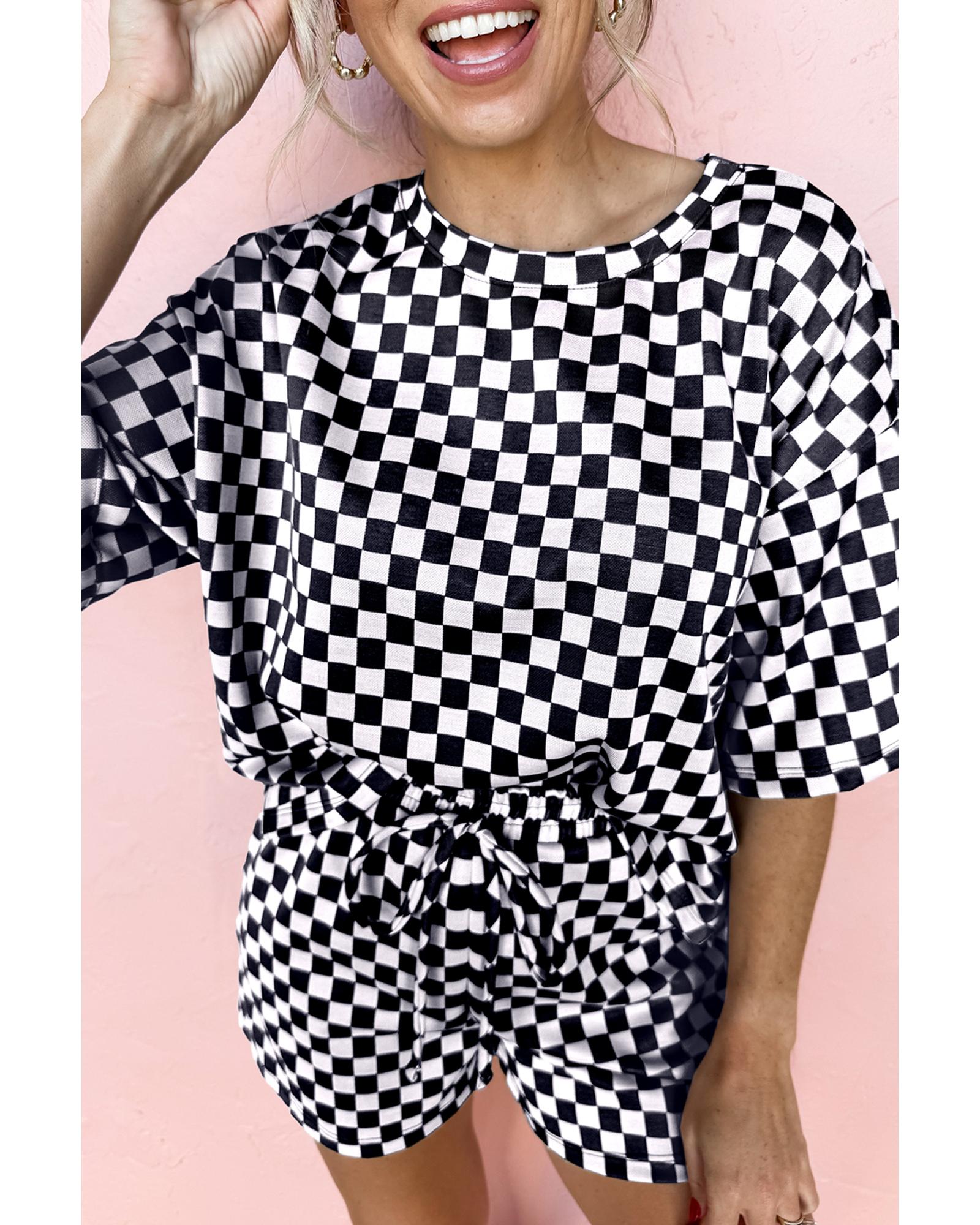 Black Checkered Top and Short Casual 2pcs Set - M
