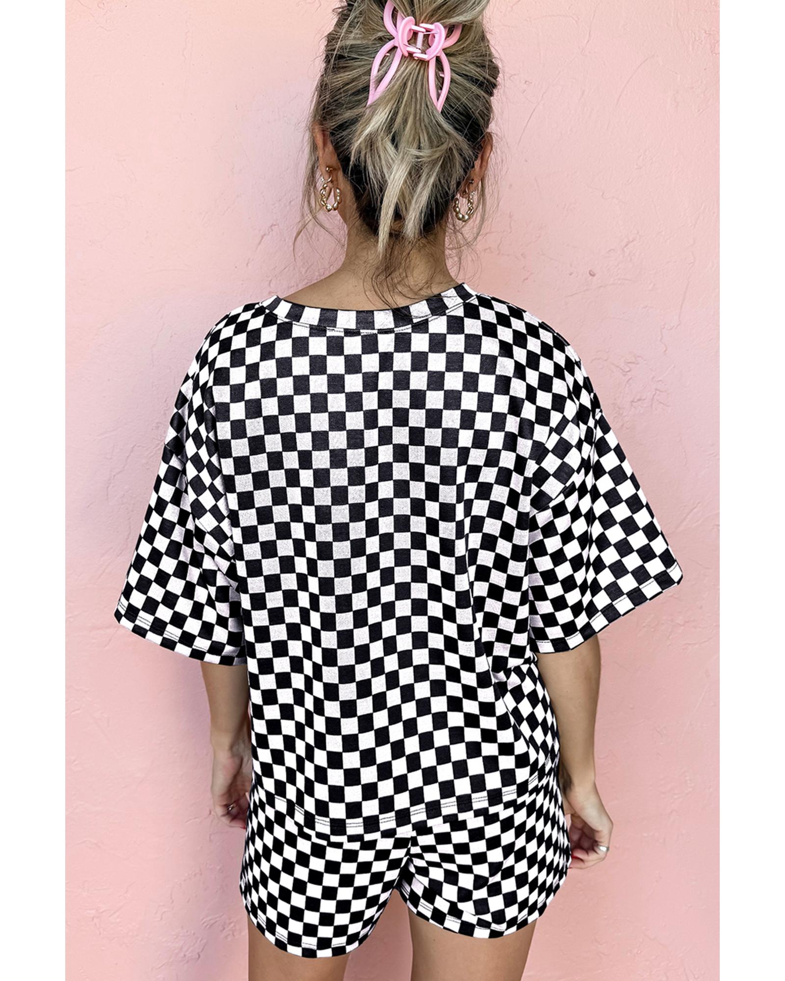 Black Checkered Top and Short Casual 2pcs Set - XL