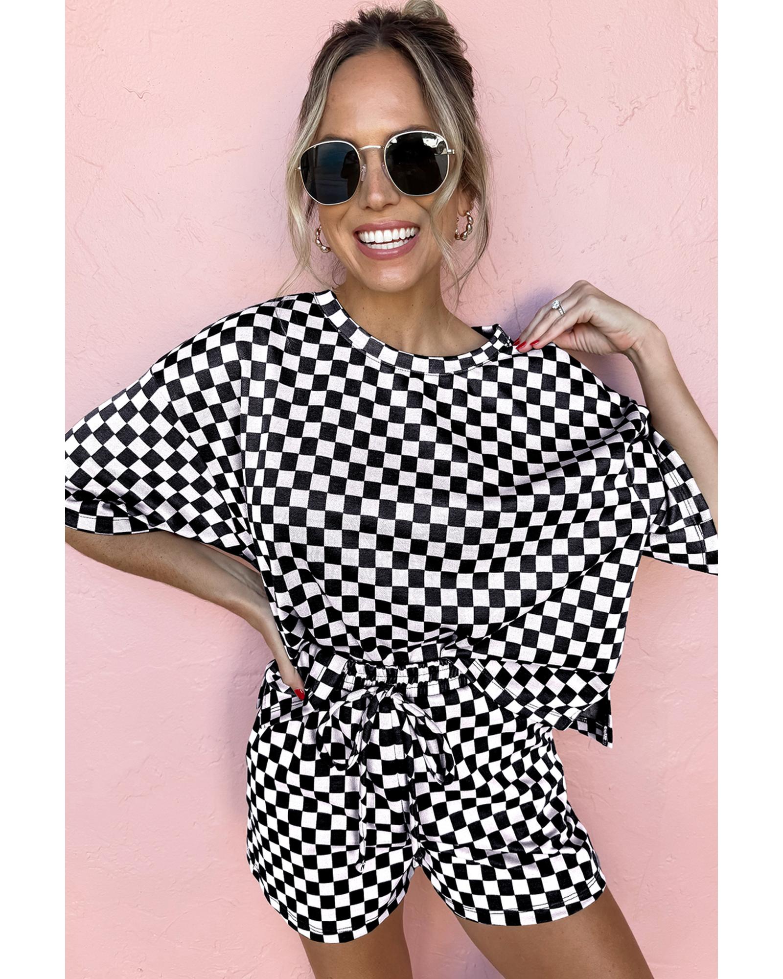 Black Checkered Top and Short Casual 2pcs Set - XL