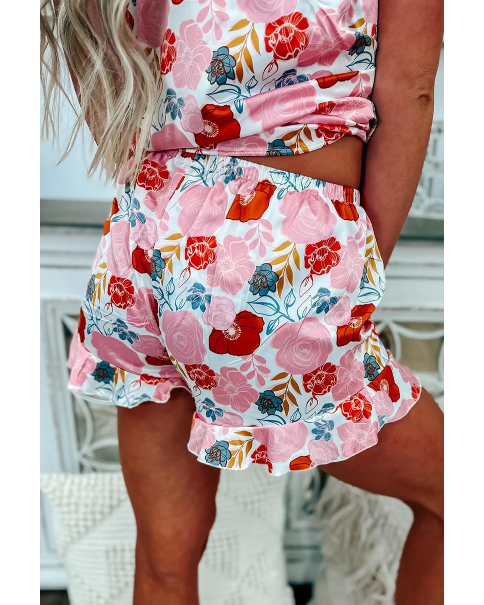 Multicolour Floral V Neck Cami Top and Ruffled Shorts Lounge Set - L 5