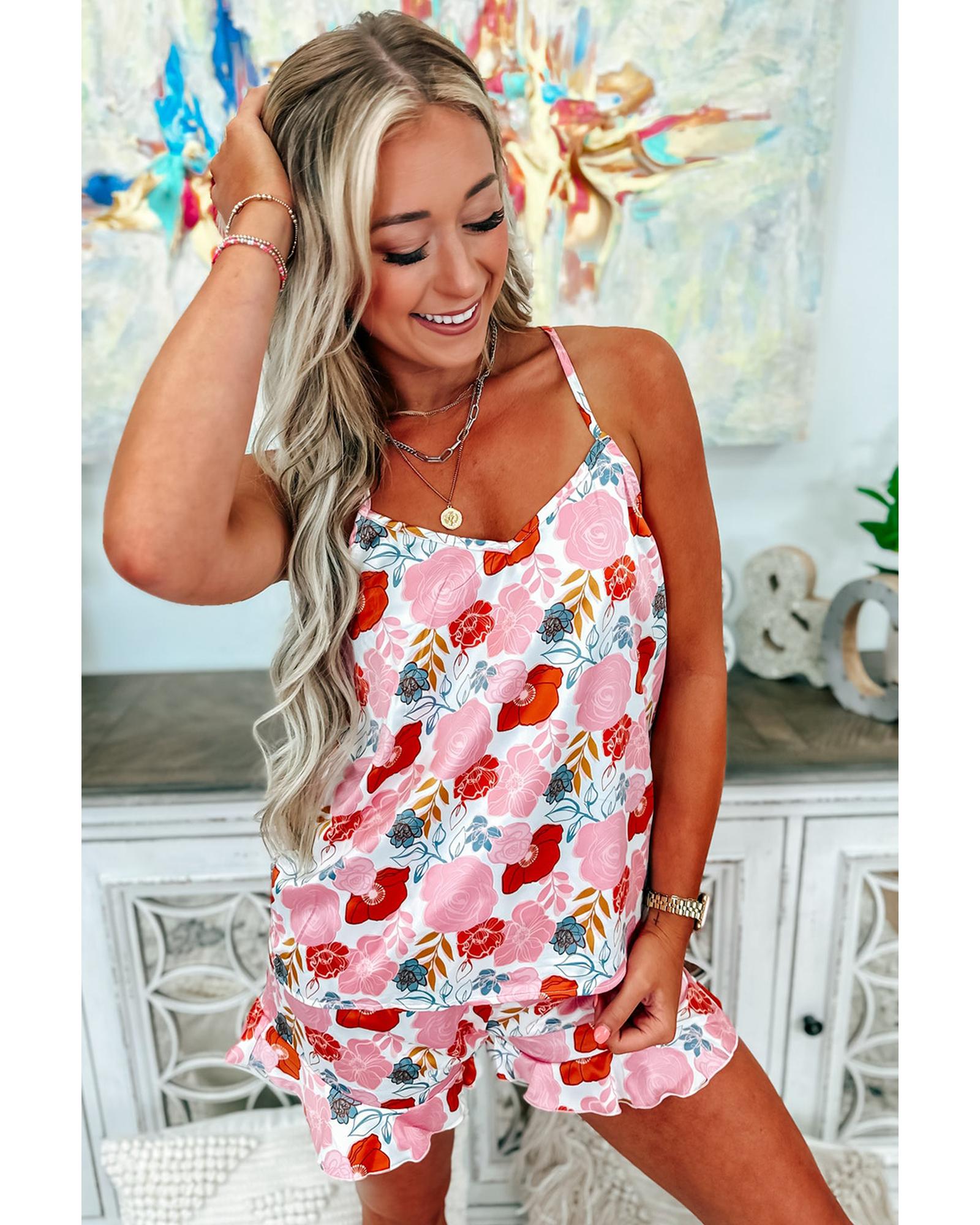 Multicolour Floral V Neck Cami Top and Ruffled Shorts Lounge Set - M 3