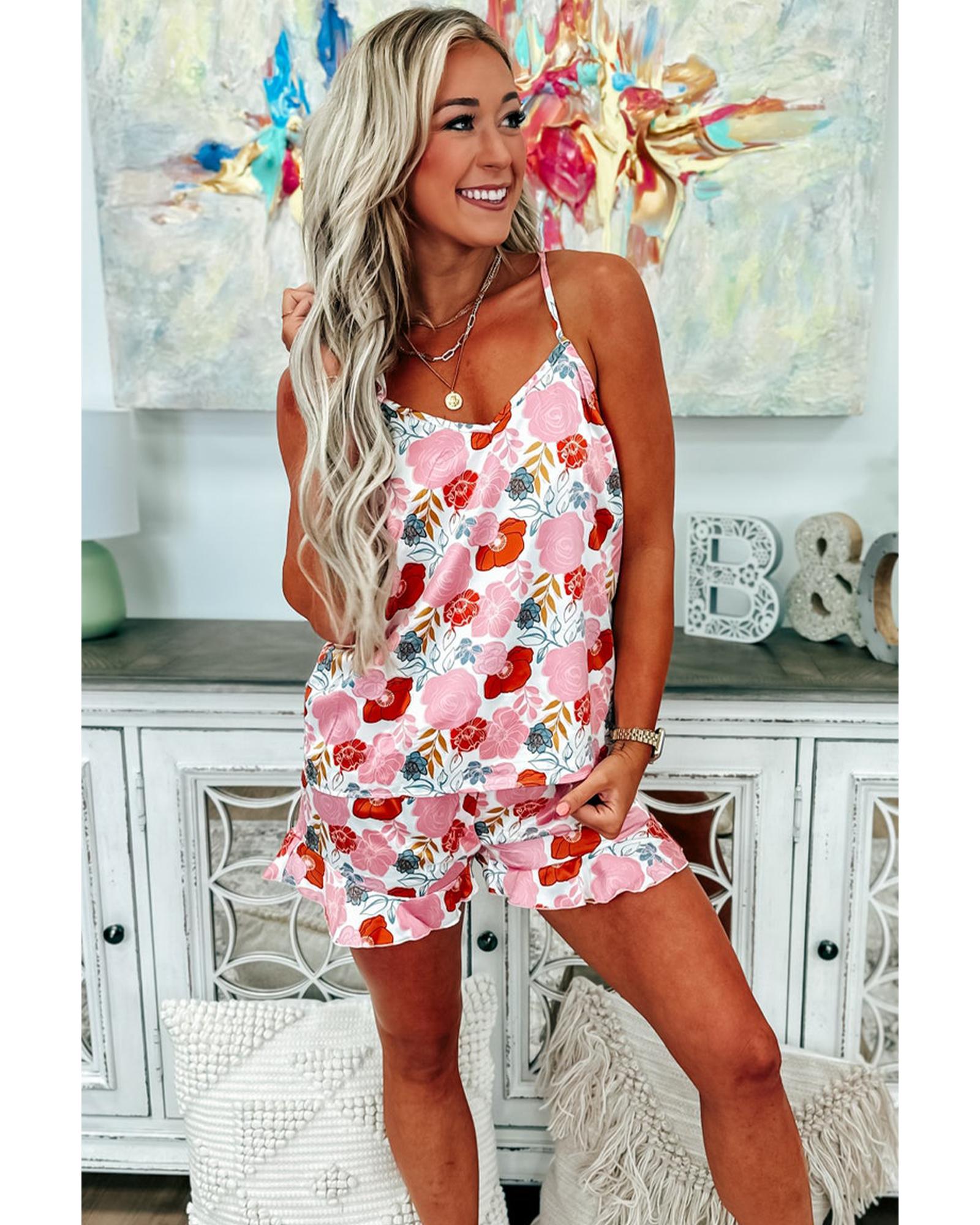 Multicolour Floral V Neck Cami Top and Ruffled Shorts Lounge Set - M 4