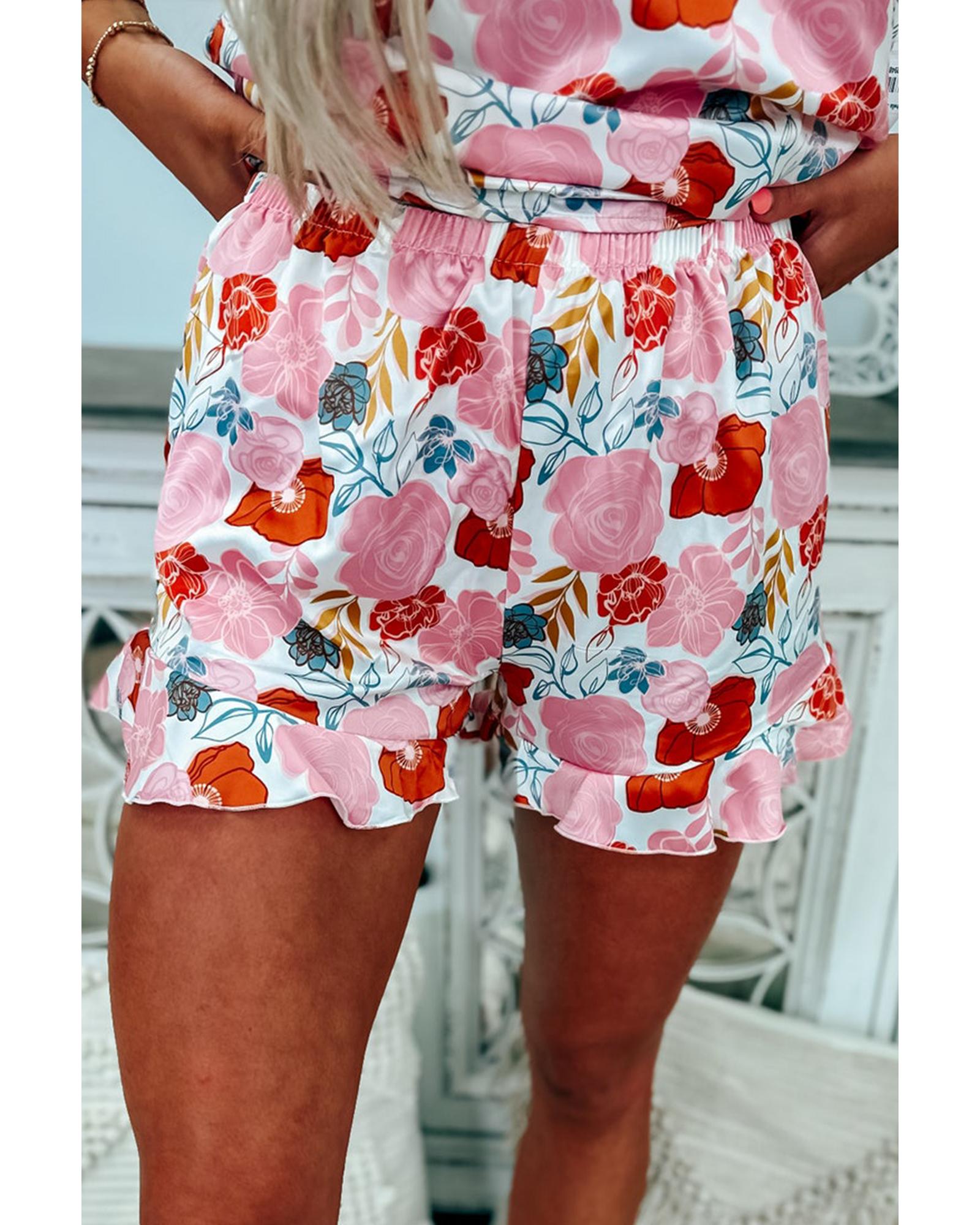 Multicolour Floral V Neck Cami Top and Ruffled Shorts Lounge Set - M 8