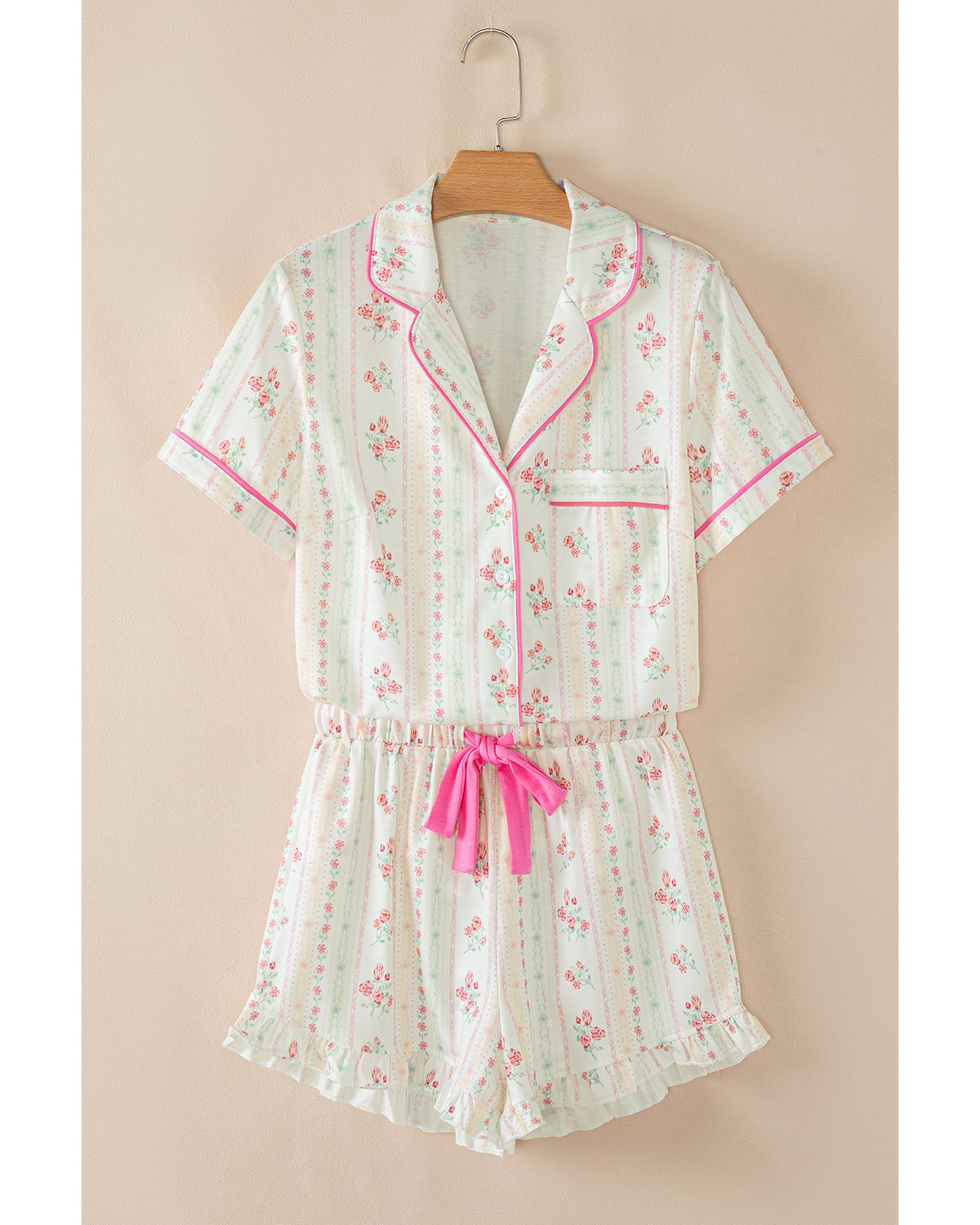 Beige Floral Print Contrast Pipping Short Pajamas Set - L 4