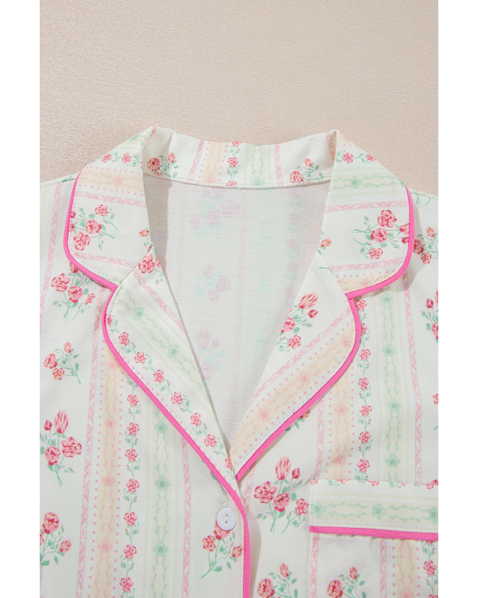 Beige Floral Print Contrast Pipping Short Pajamas Set - L 6
