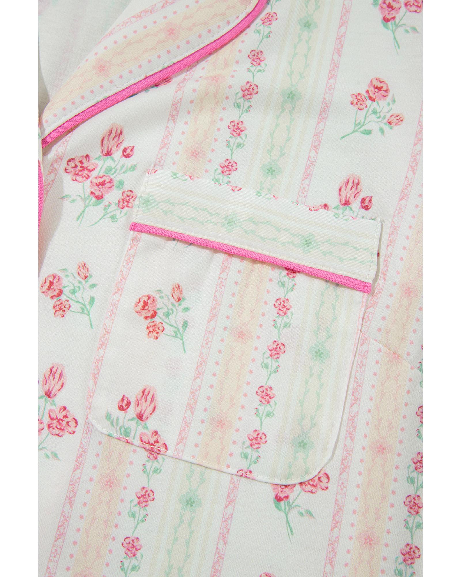Beige Floral Print Contrast Pipping Short Pajamas Set - L 7