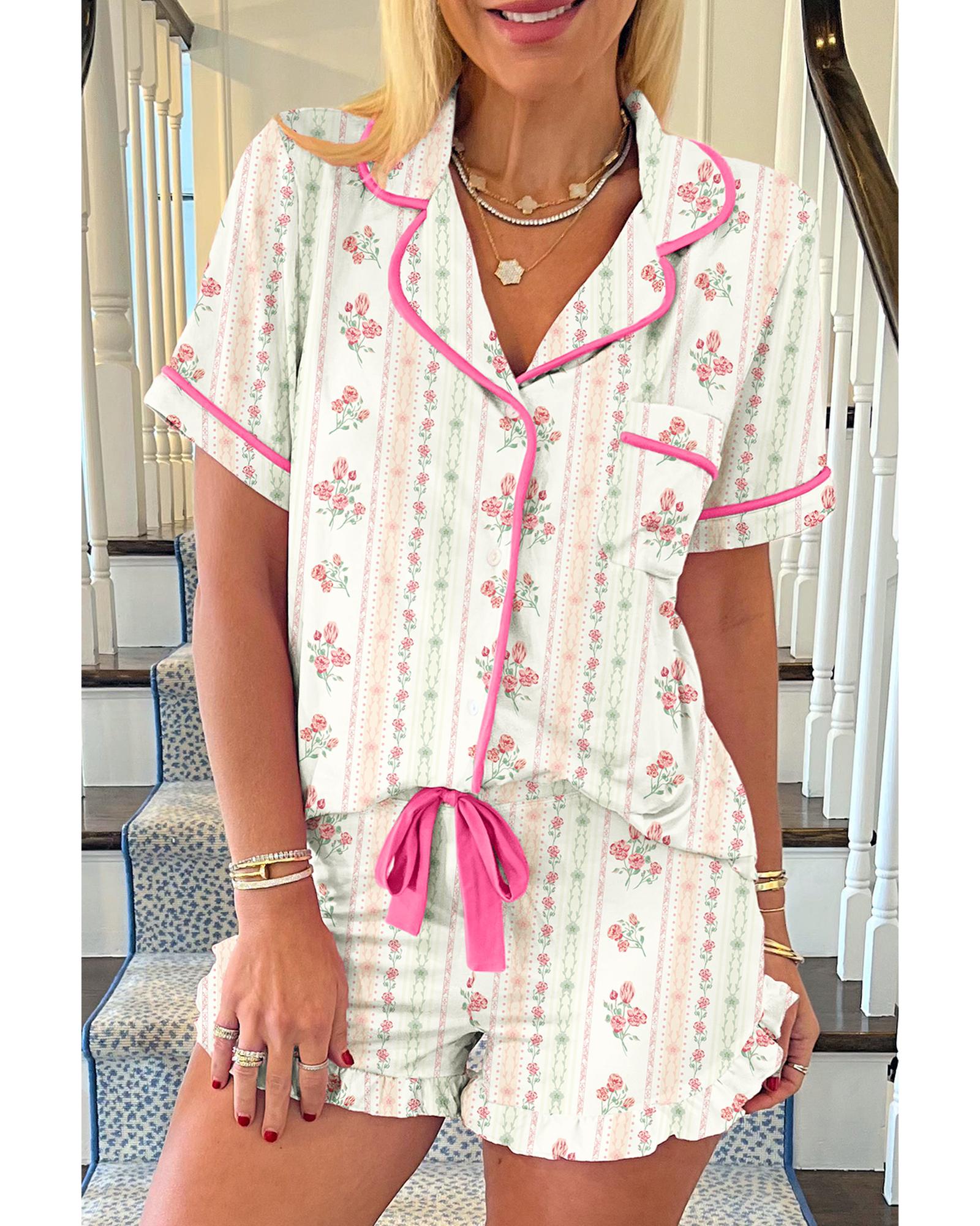 Beige Floral Print Contrast Pipping Short Pajamas Set - S