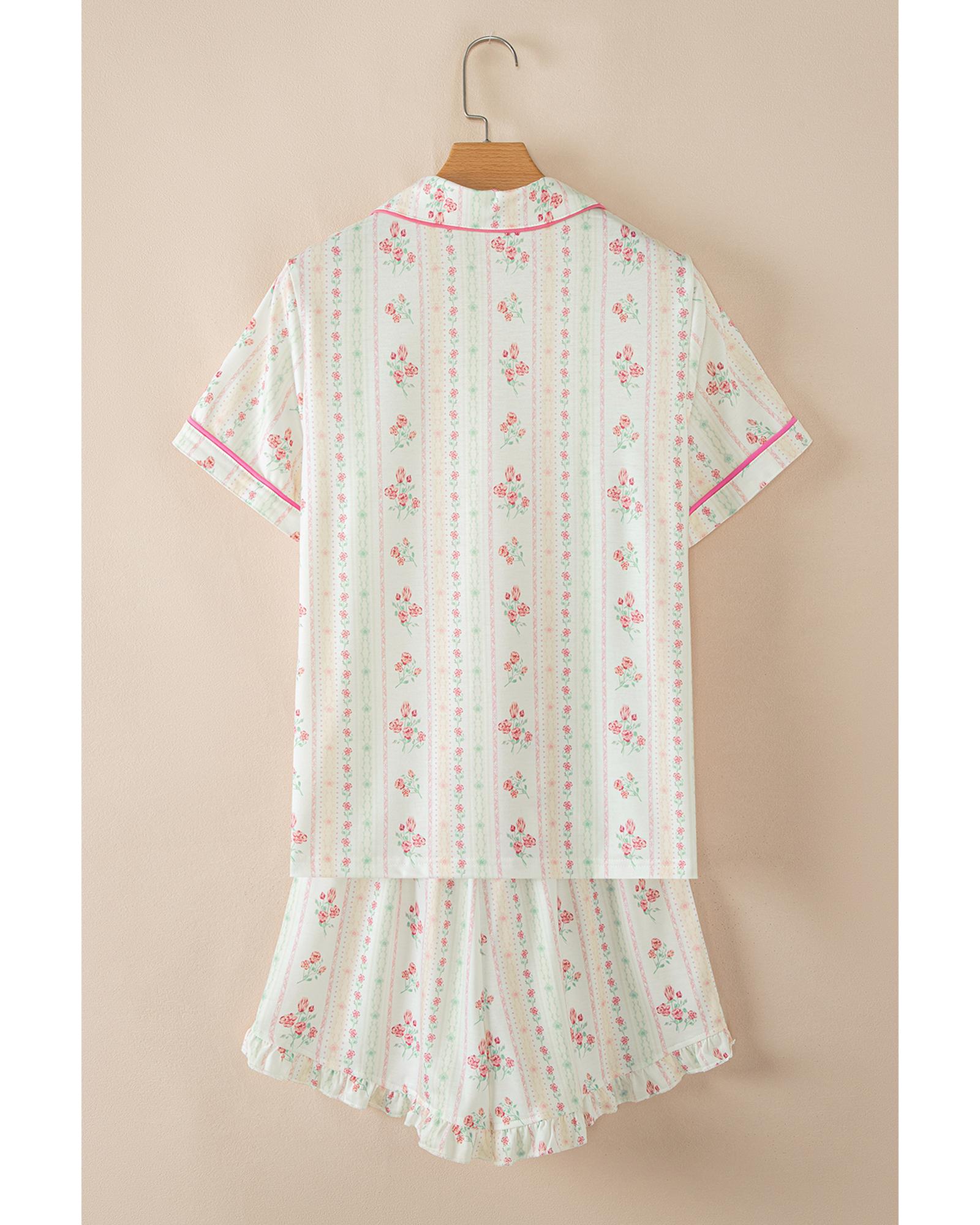 Beige Floral Print Contrast Pipping Short Pajamas Set - XL 5
