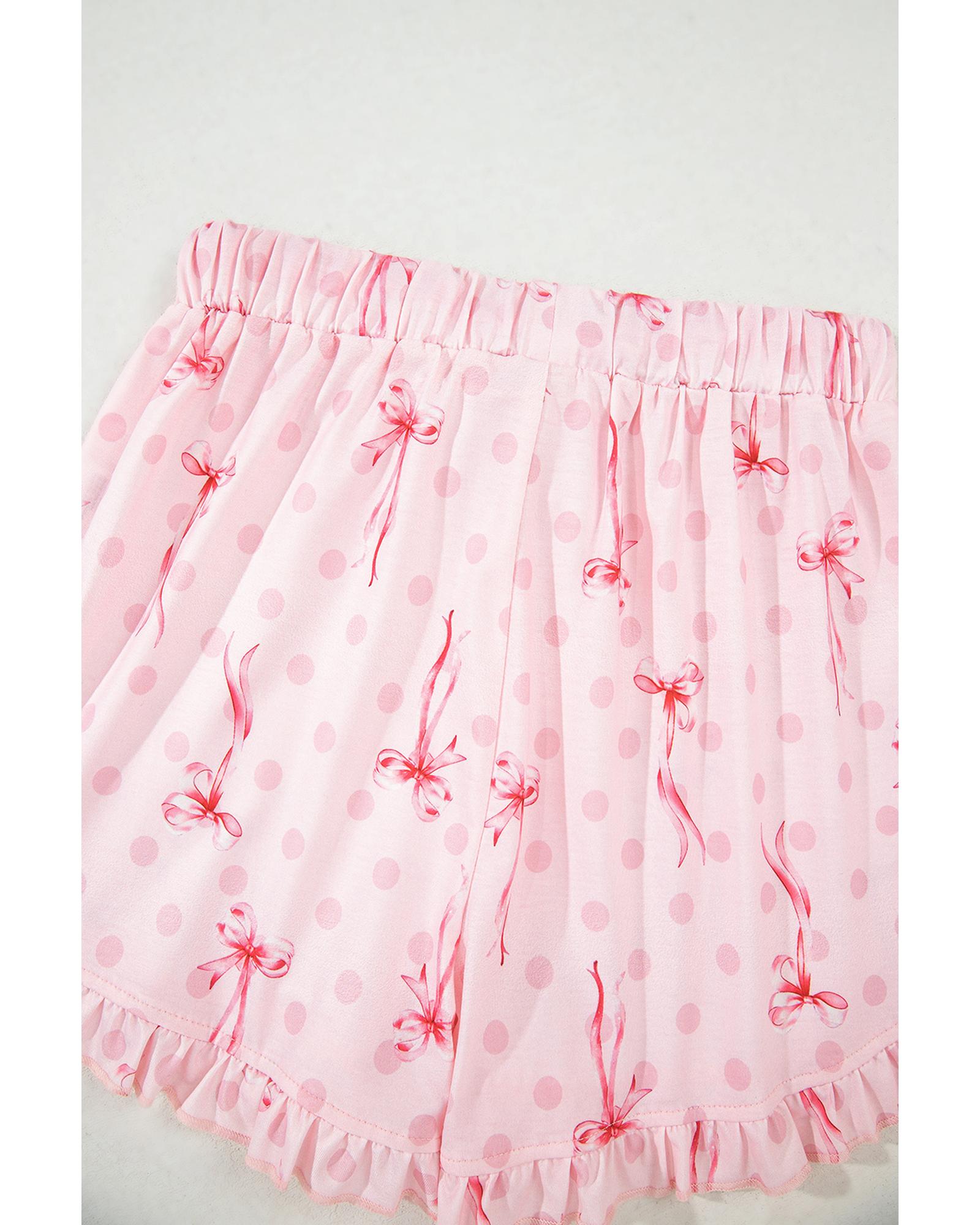 Pink Bow Print Contrast Pipping Short Pajamas Set - L 6