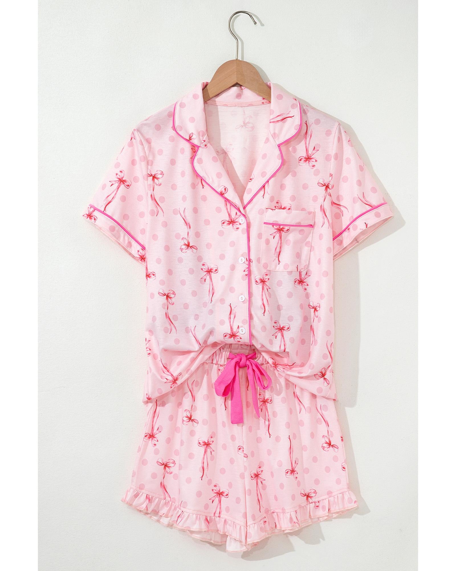 Pink Bow Print Contrast Pipping Short Pajamas Set - M 4