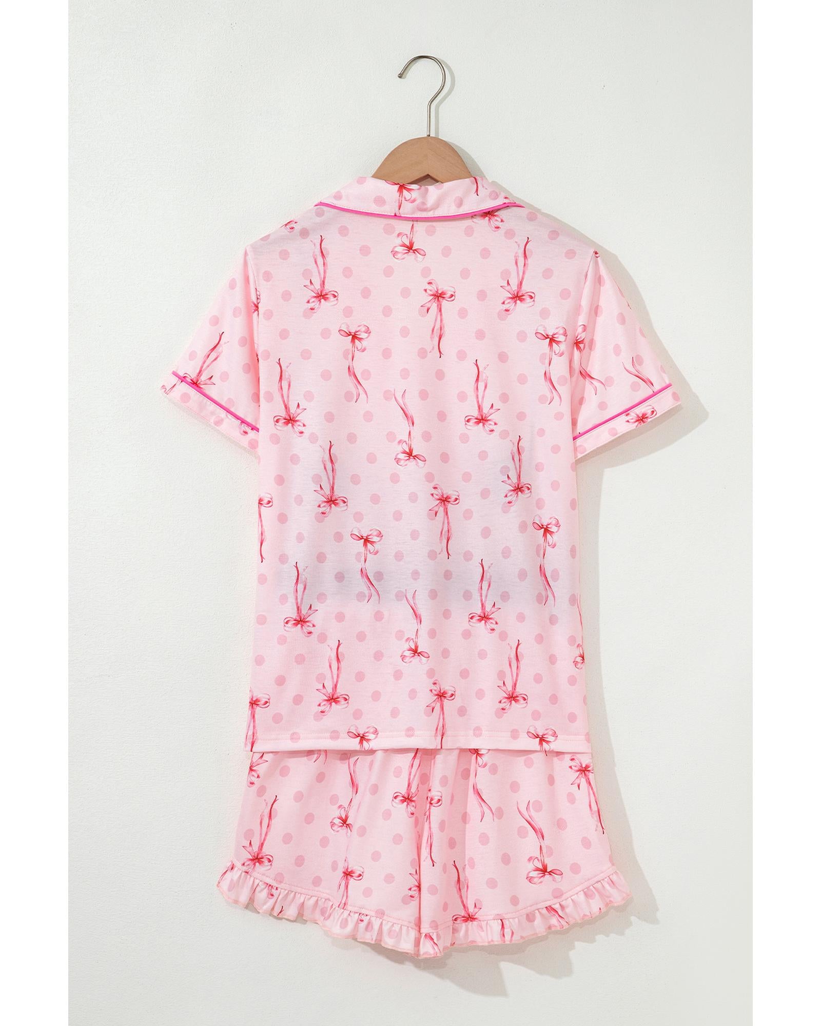 Pink Bow Print Contrast Pipping Short Pajamas Set - M 5