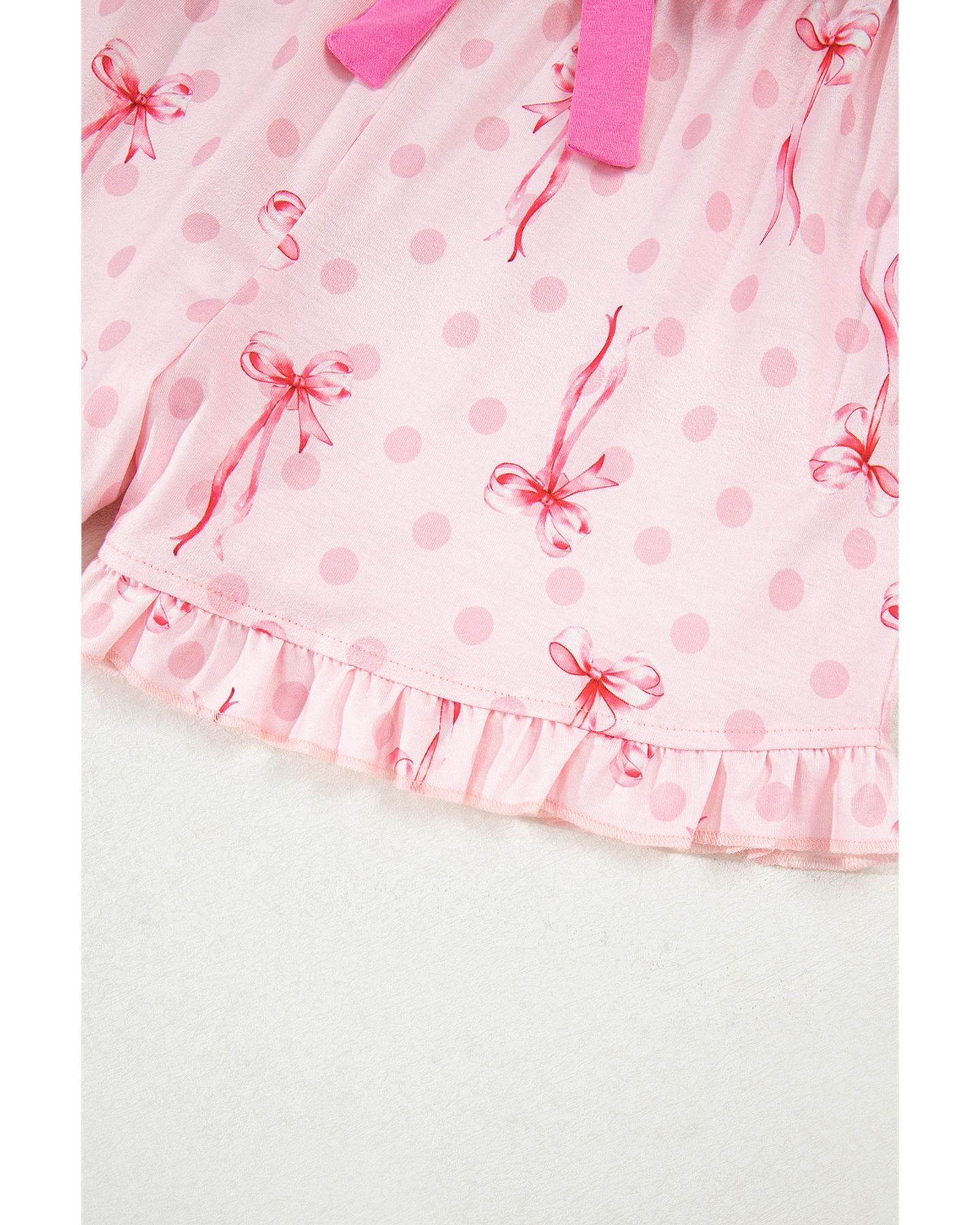 Pink Bow Print Contrast Pipping Short Pajamas Set - M 7