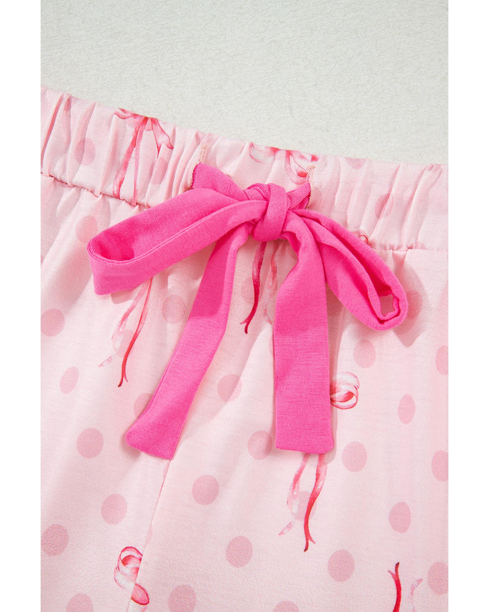Pink Bow Print Contrast Pipping Short Pajamas Set - S 8