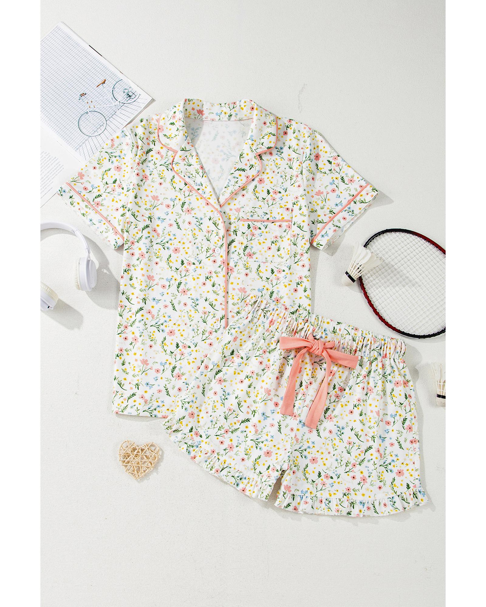 White Floral Print Contrast Pipping Short Pajamas Set - M 3