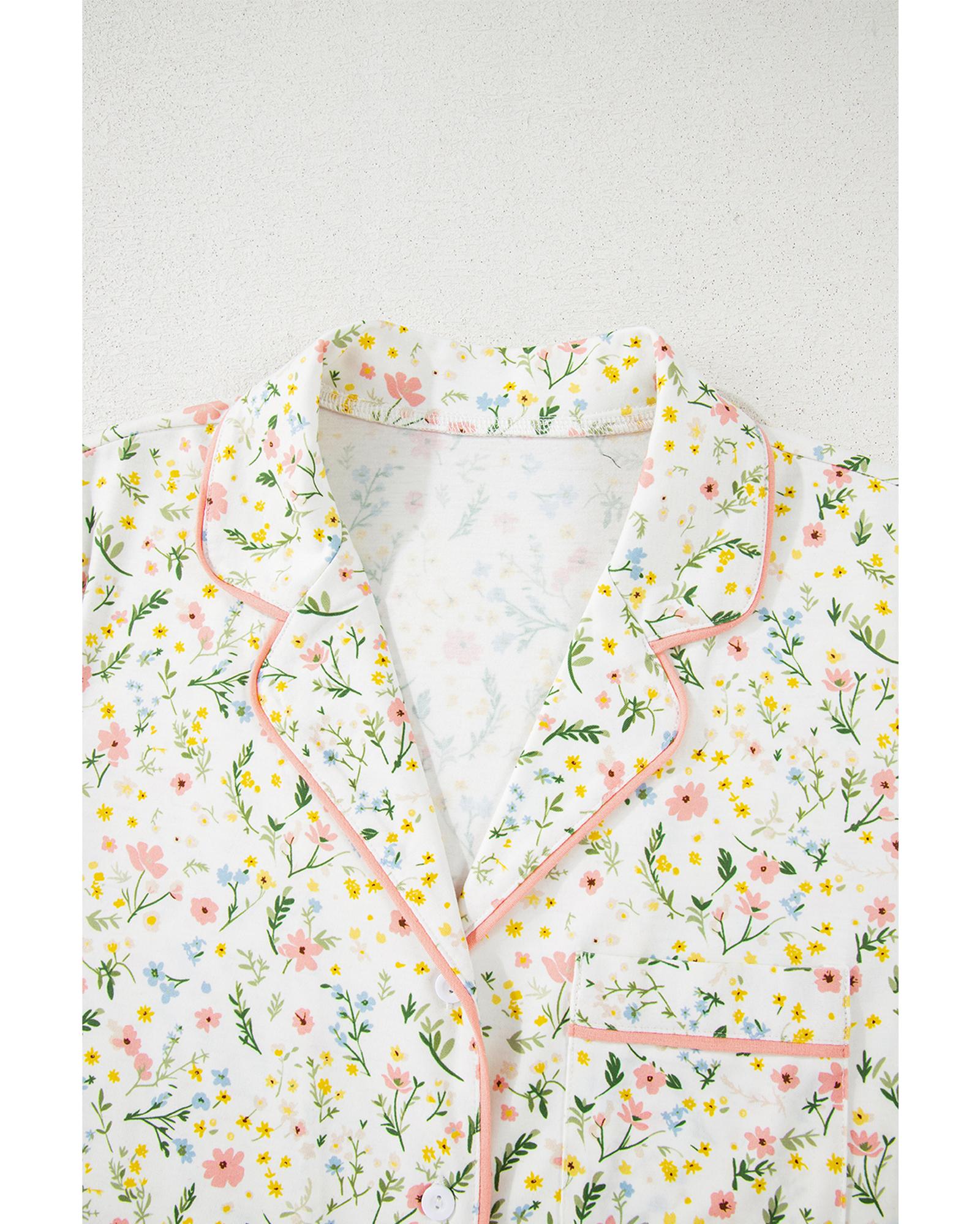 White Floral Print Contrast Pipping Short Pajamas Set - M 4