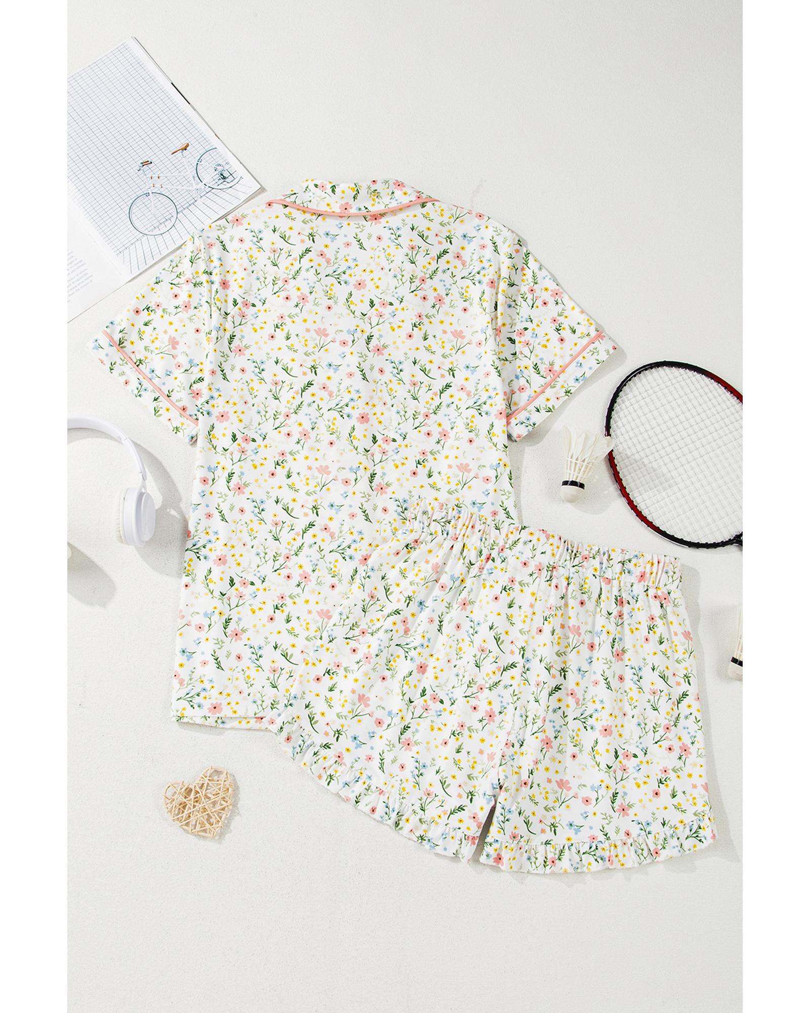 White Floral Print Contrast Pipping Short Pajamas Set - M 5