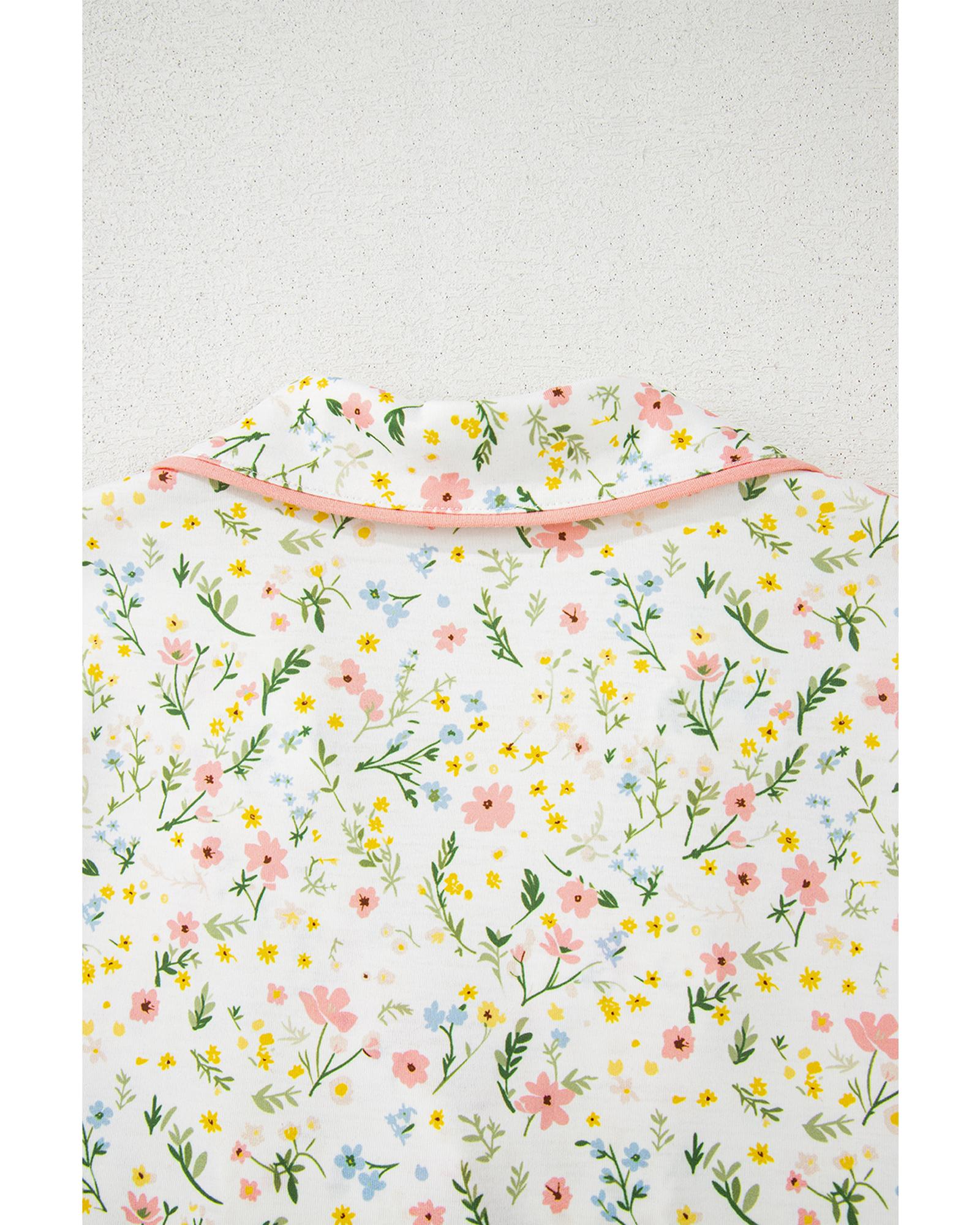 White Floral Print Contrast Pipping Short Pajamas Set - M 6