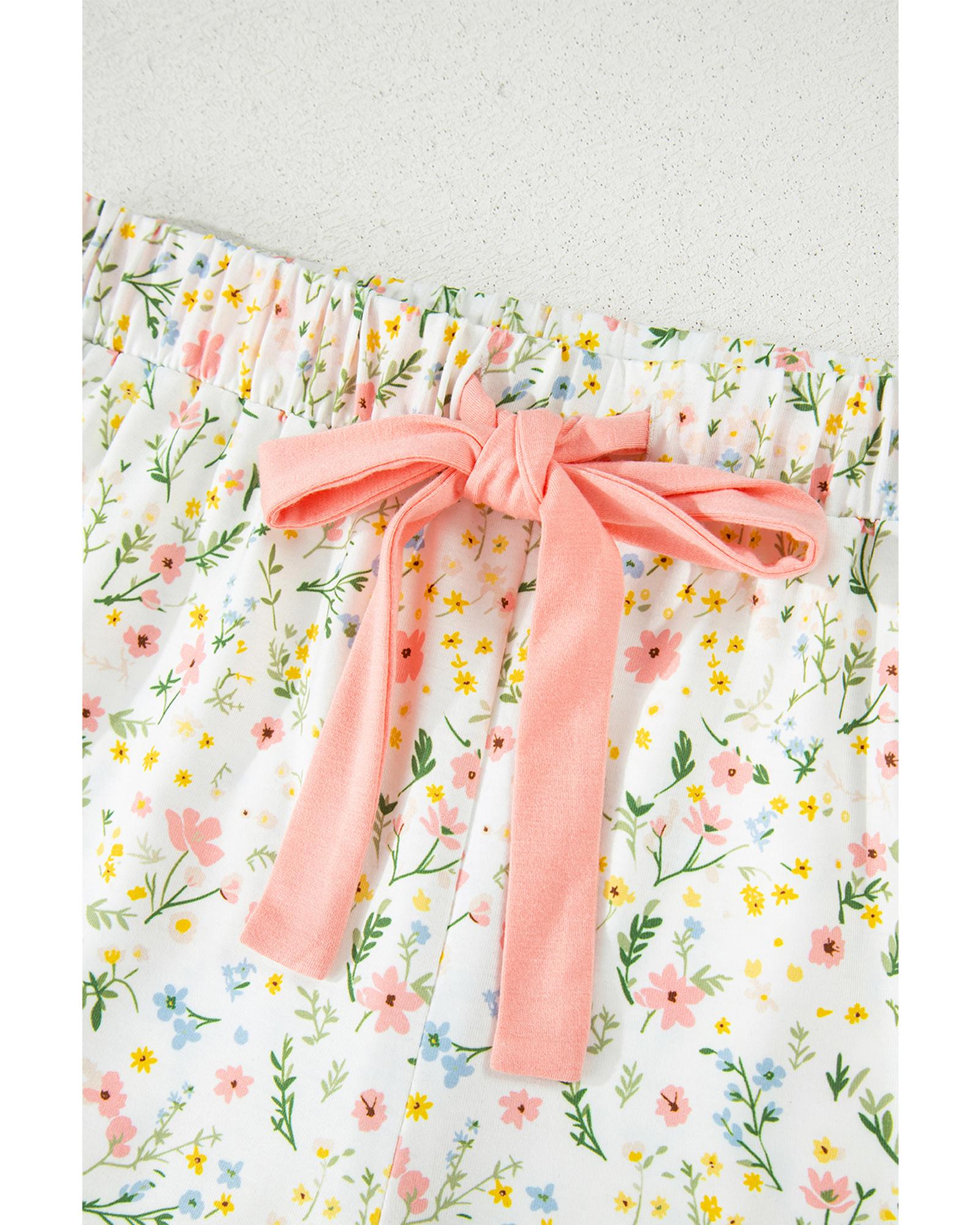 White Floral Print Contrast Pipping Short Pajamas Set - M 7