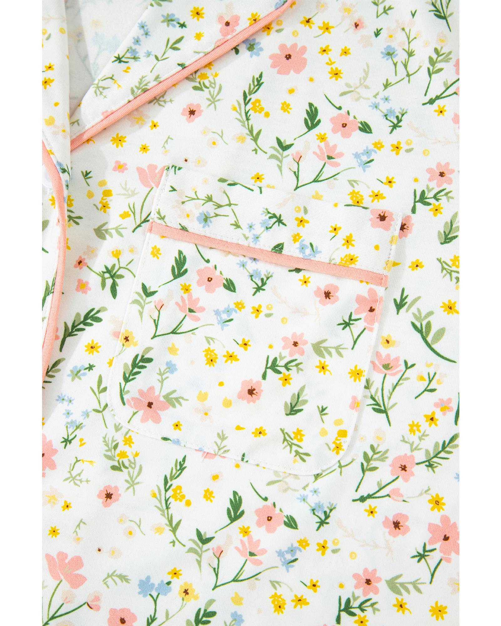 White Floral Print Contrast Pipping Short Pajamas Set - M 8