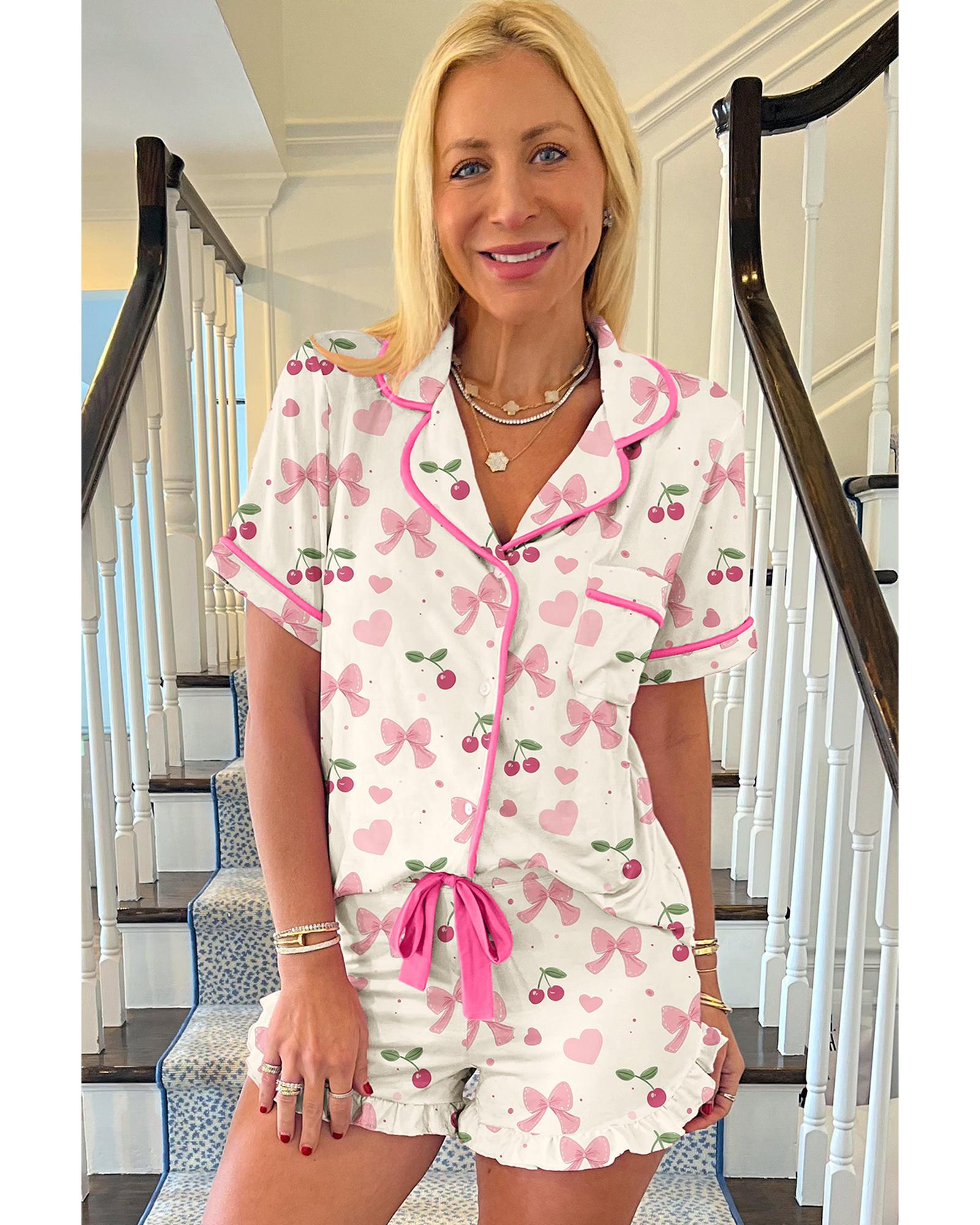 Beige Bow Fruit Print Contrast Pipping Short Pajamas Set - M