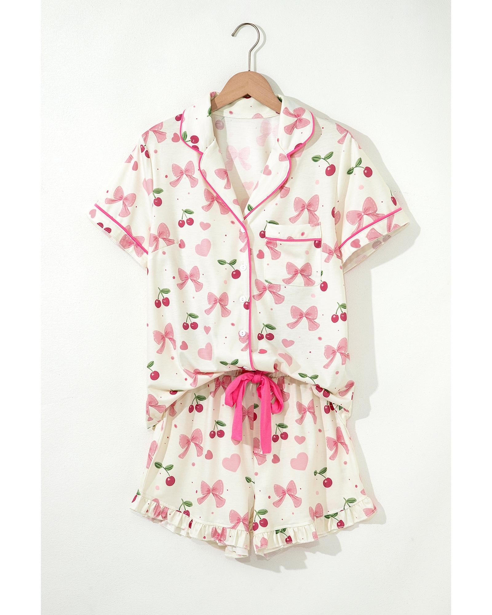 Beige Bow Fruit Print Contrast Pipping Short Pajamas Set - M 4