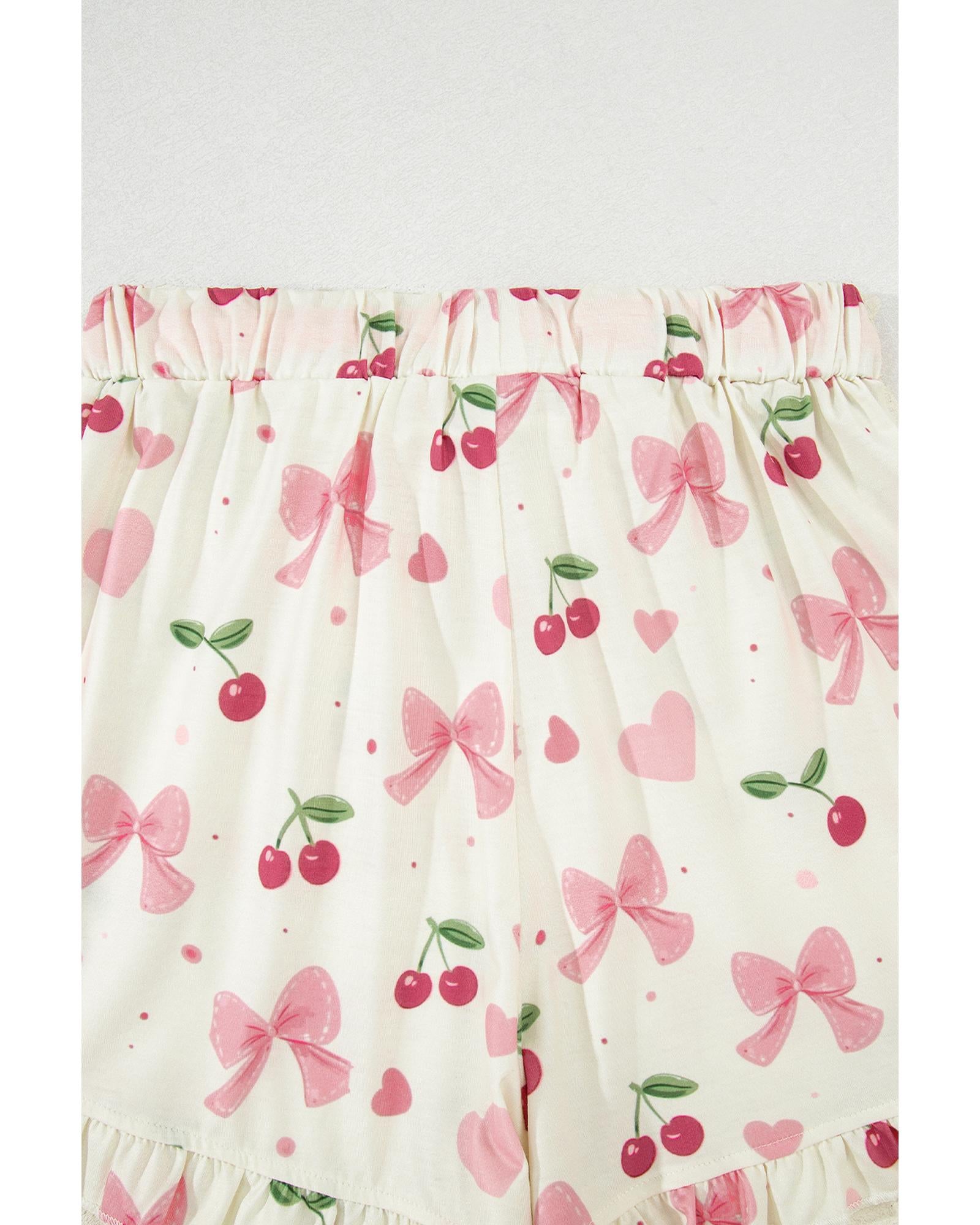 Beige Bow Fruit Print Contrast Pipping Short Pajamas Set - M 6