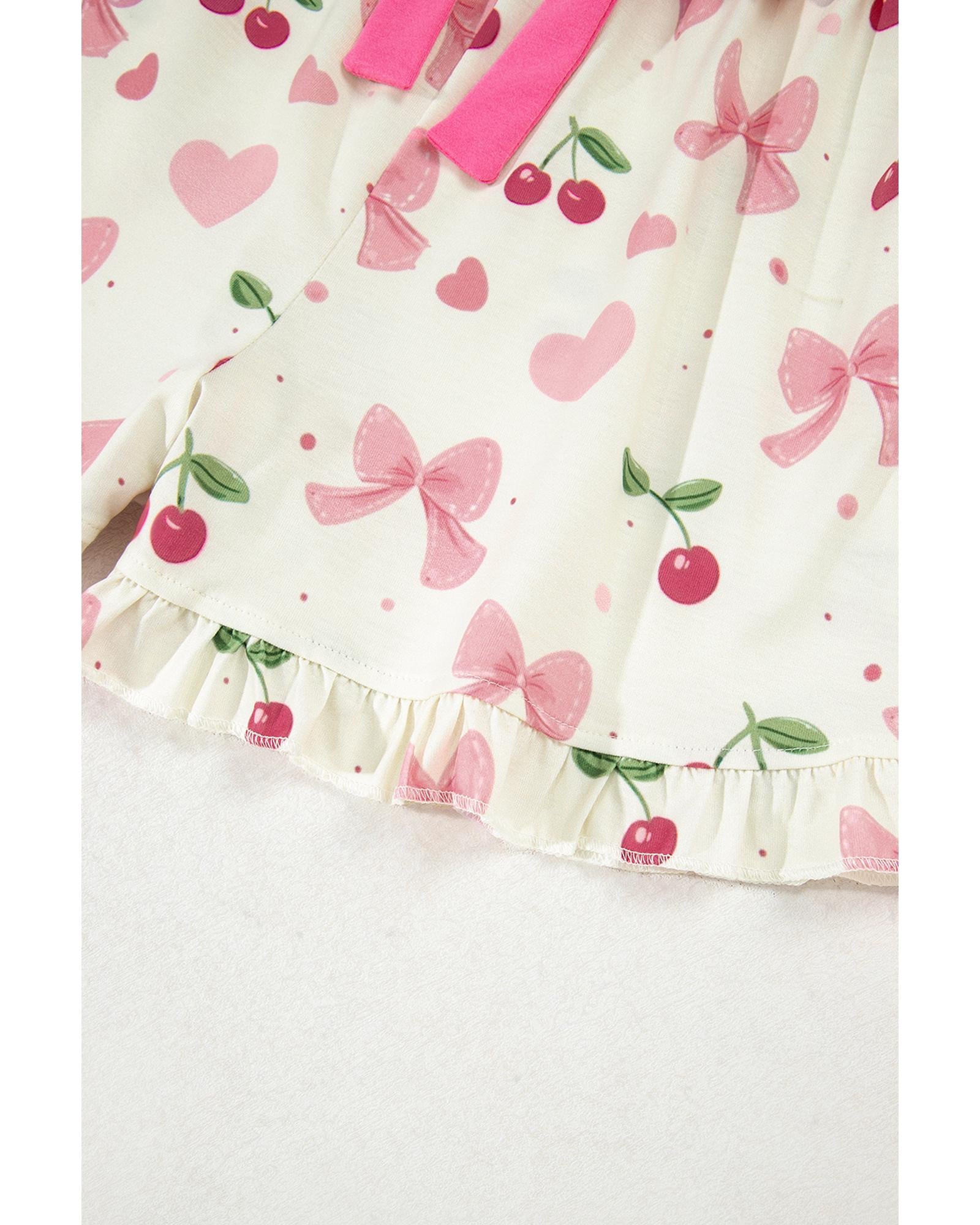 Beige Bow Fruit Print Contrast Pipping Short Pajamas Set - M 7