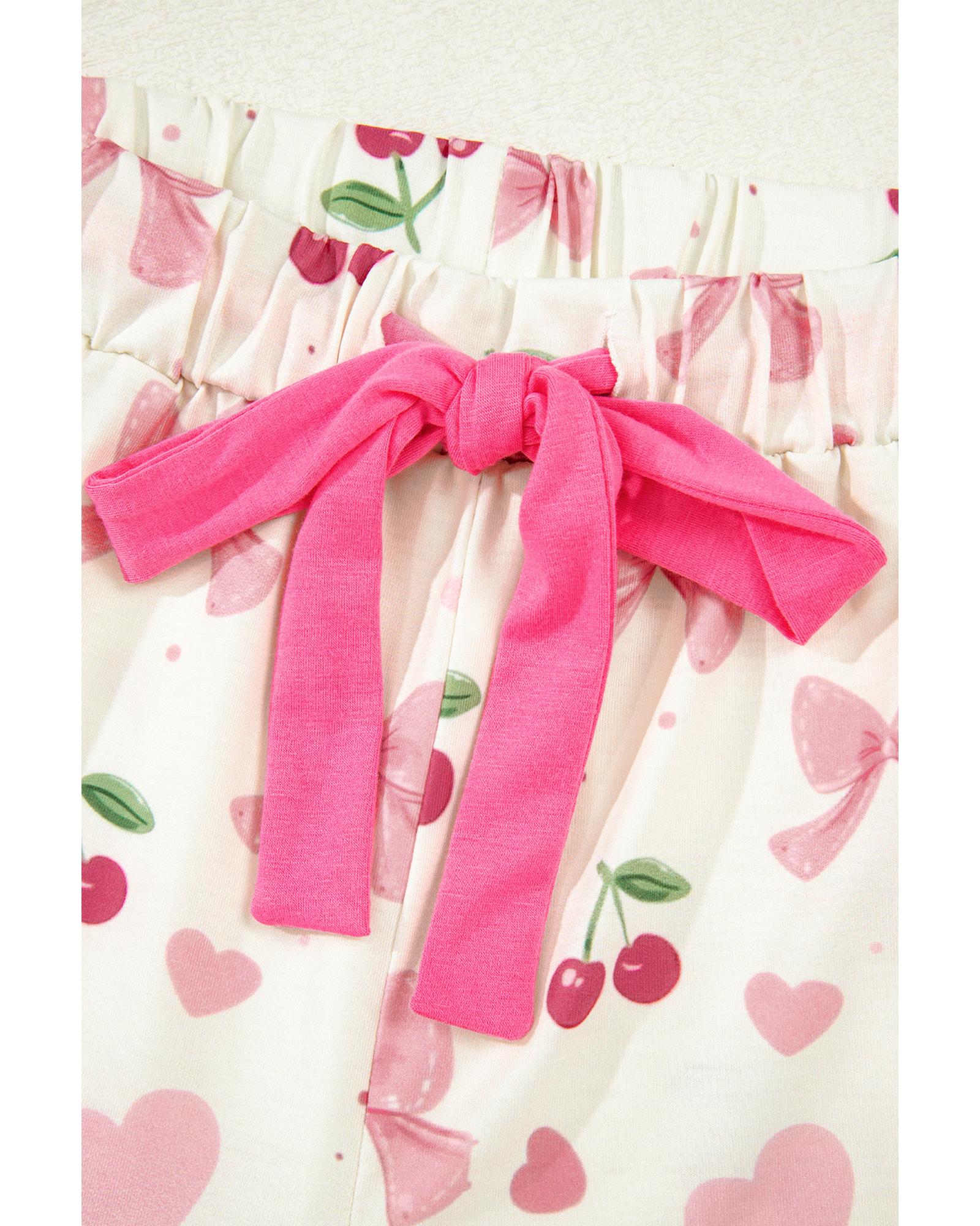 Beige Bow Fruit Print Contrast Pipping Short Pajamas Set - M 8