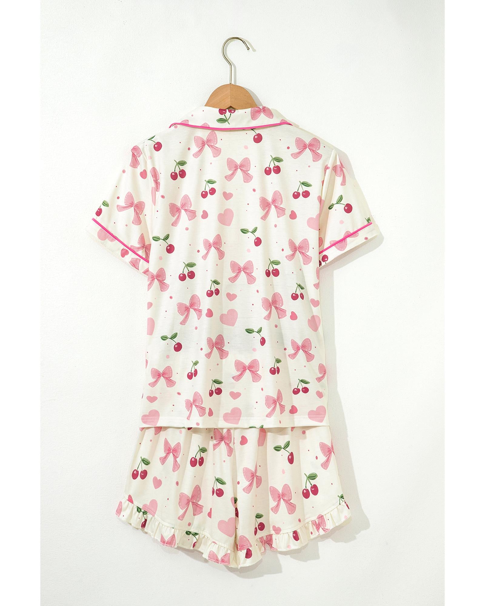 Beige Bow Fruit Print Contrast Pipping Short Pajamas Set - XL 5