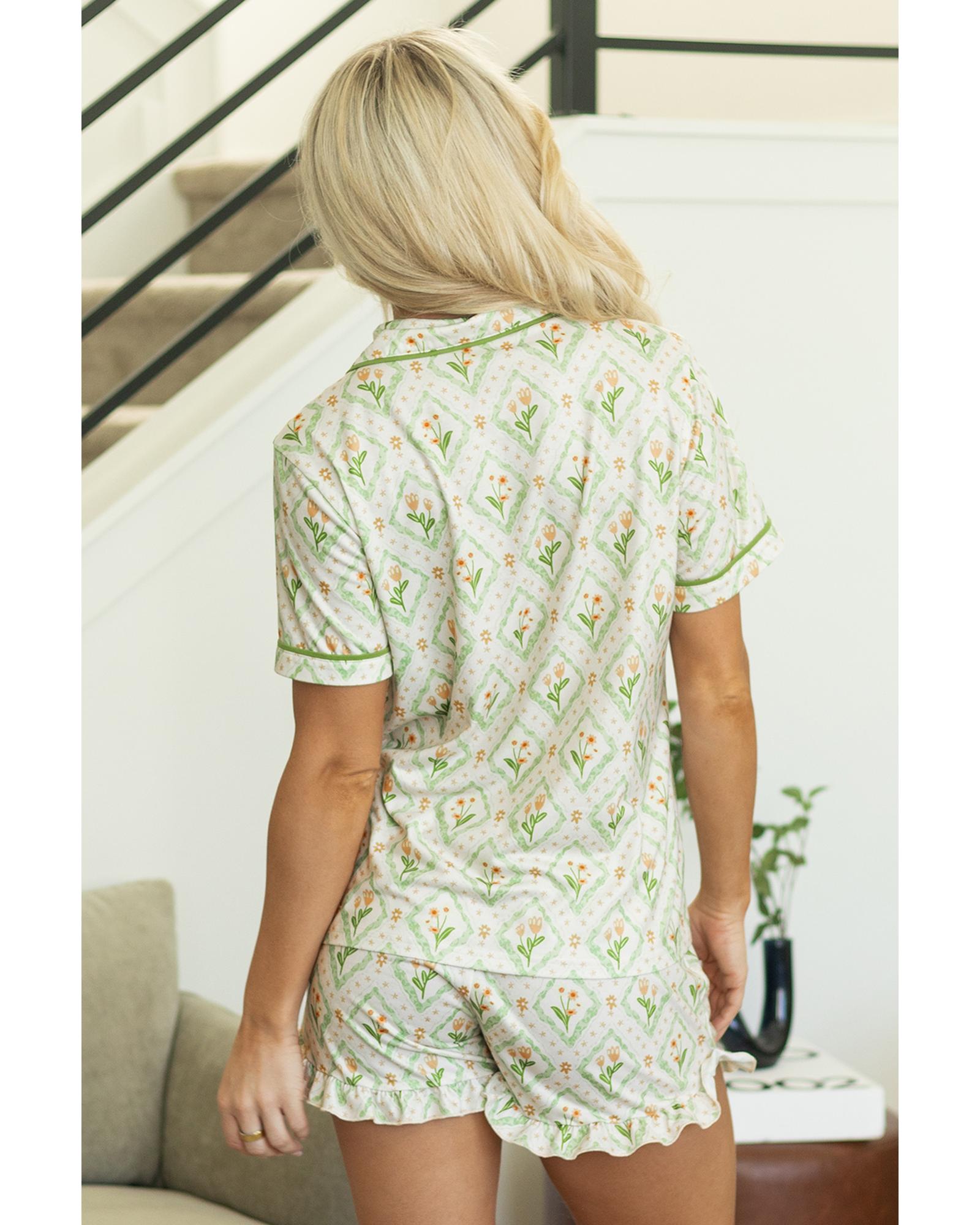 Green Floral Print Turn-down Collar Short Pajamas Set - XL