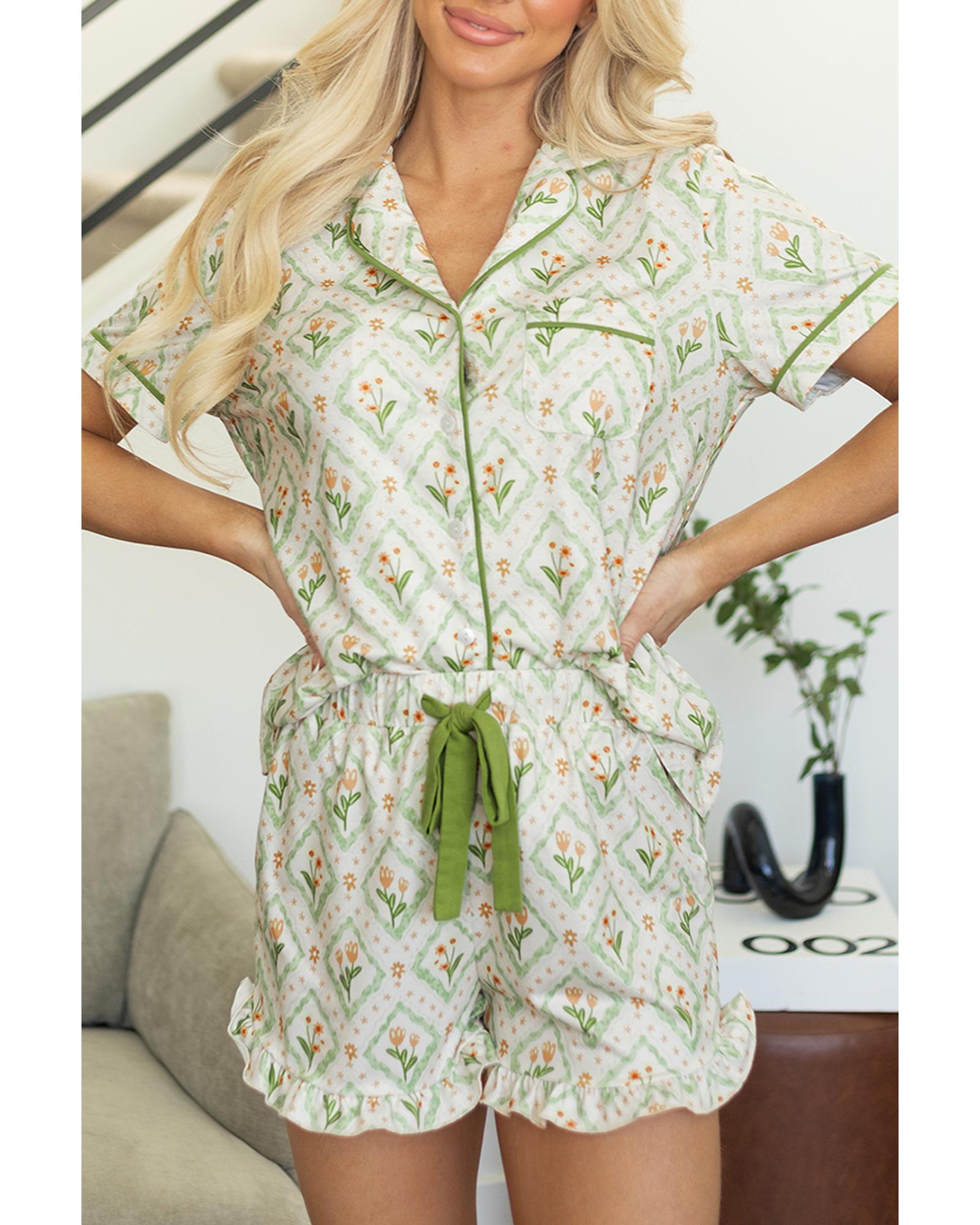 Green Floral Print Turn-down Collar Short Pajamas Set - XL 8