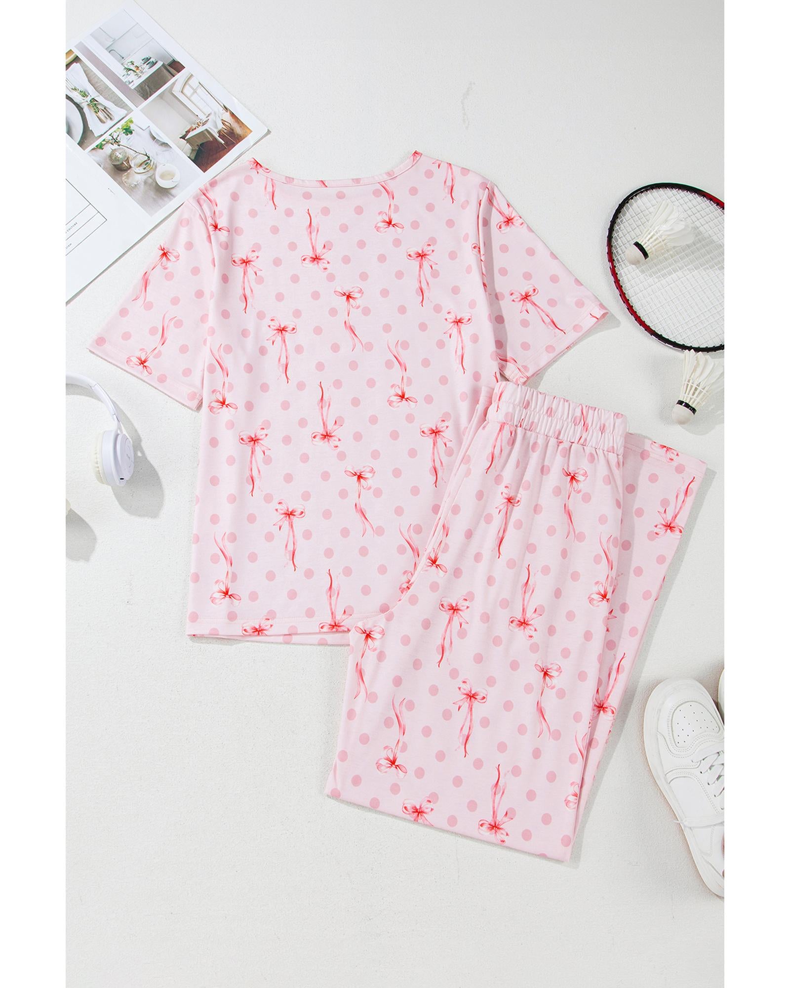Pink Bow Knot Polka Dot Print Short Sleeve Top Lounge Set - L 5
