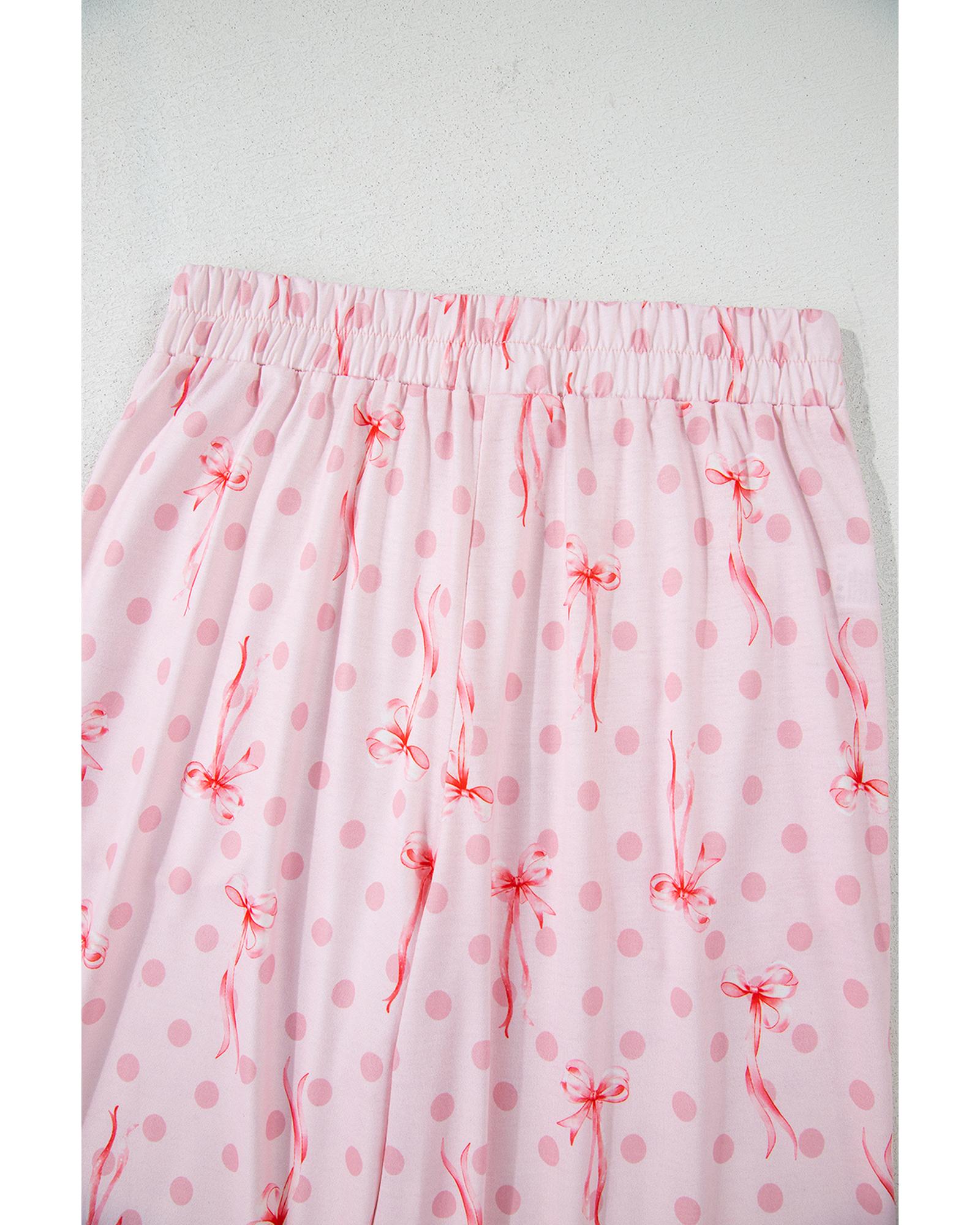 Pink Bow Knot Polka Dot Print Short Sleeve Top Lounge Set - L 6