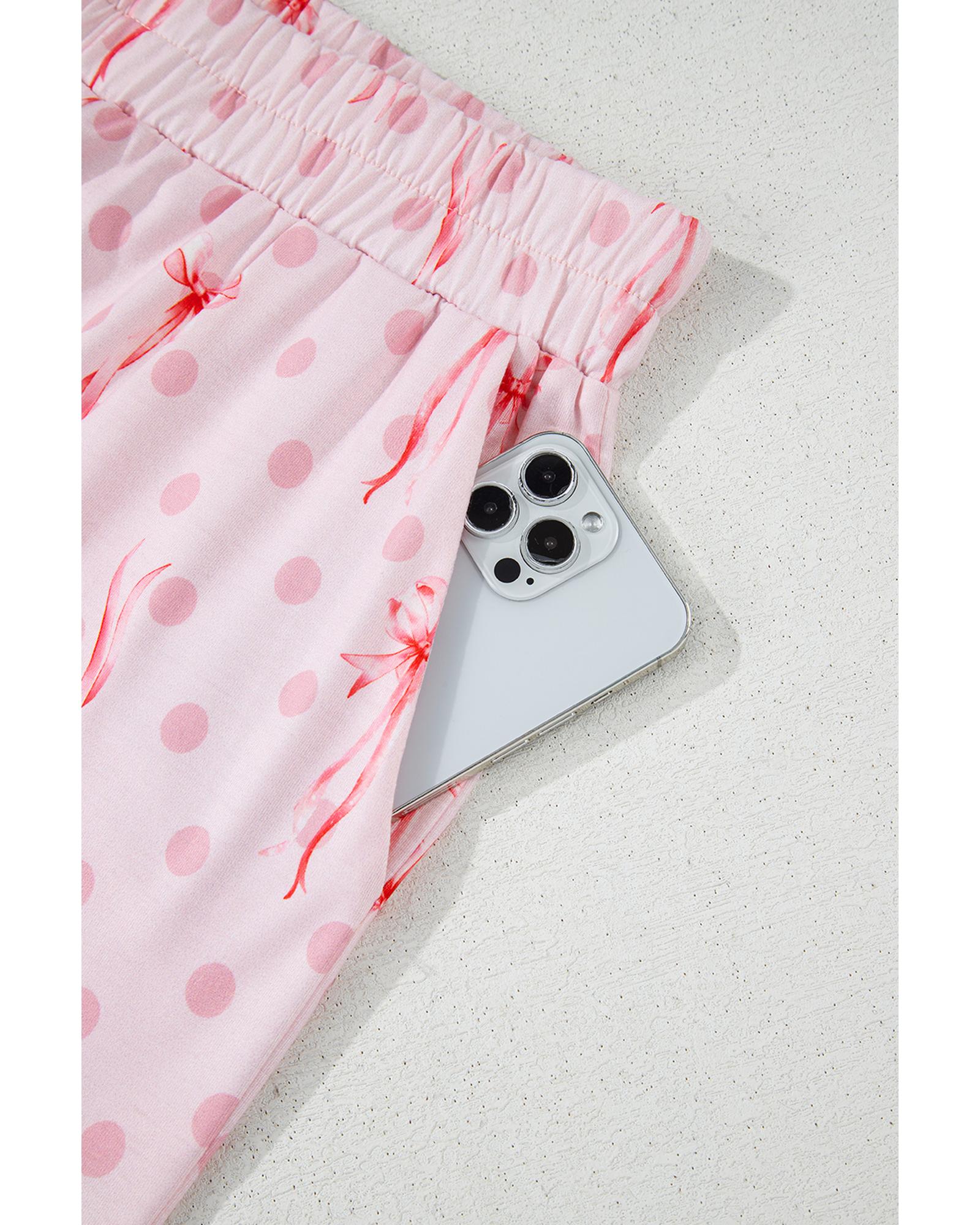 Pink Bow Knot Polka Dot Print Short Sleeve Top Lounge Set - L 8