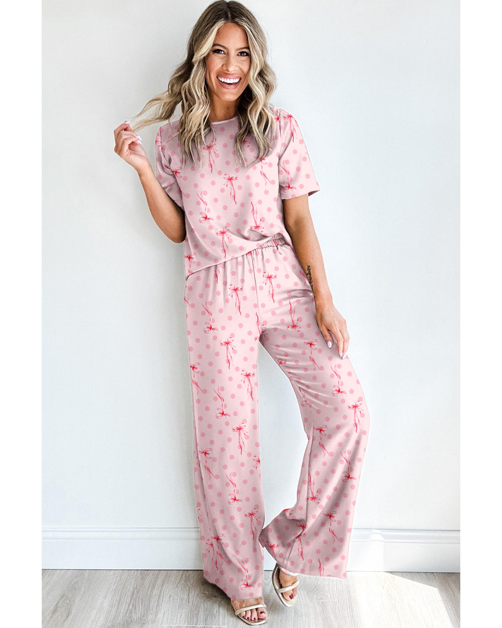 Pink Bow Knot Polka Dot Print Short Sleeve Top Lounge Set - M 3